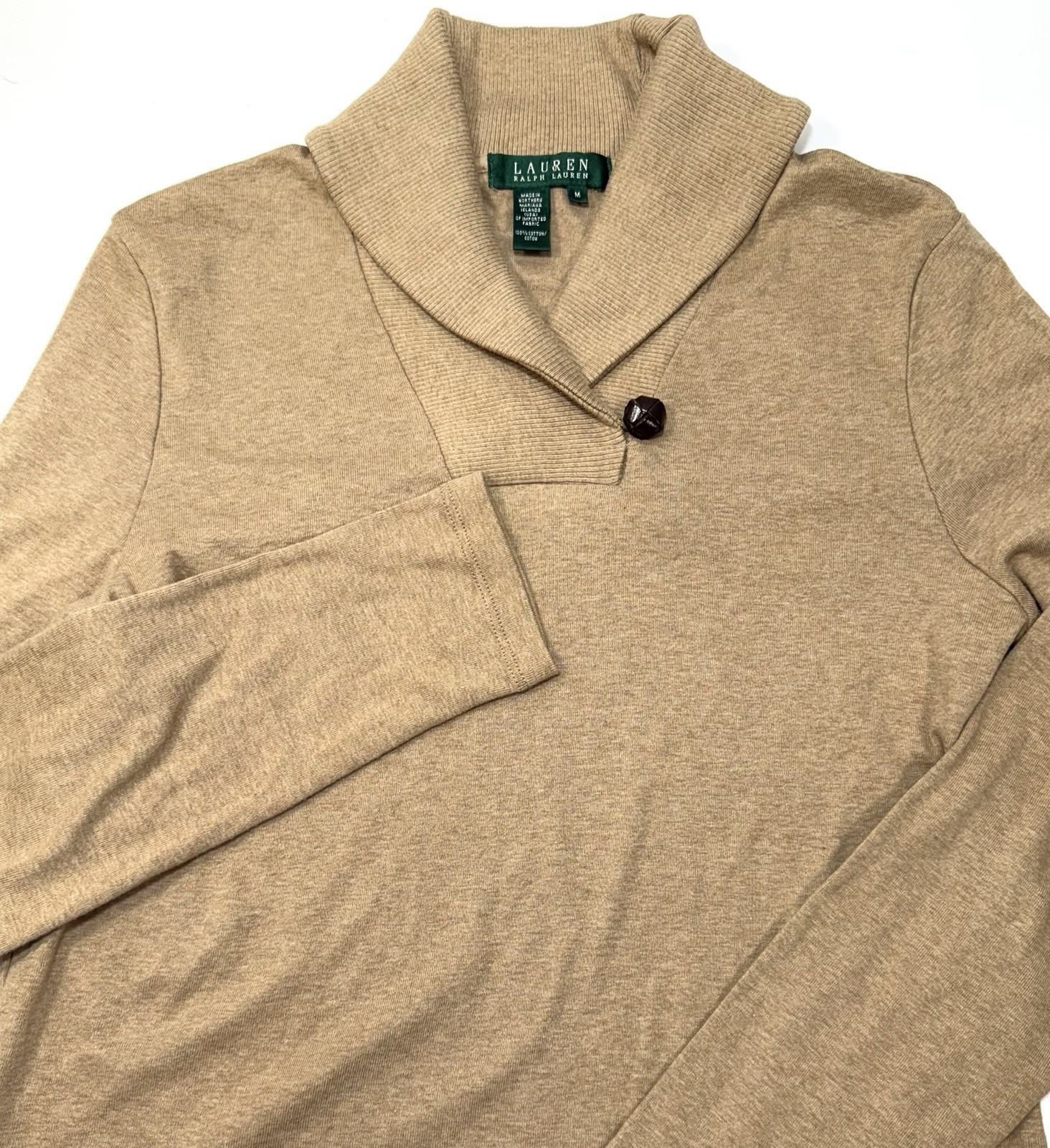 Lauren Ralph Lauren Shawl Collar Knit Top – Khaki – 100% Cotton – Size M