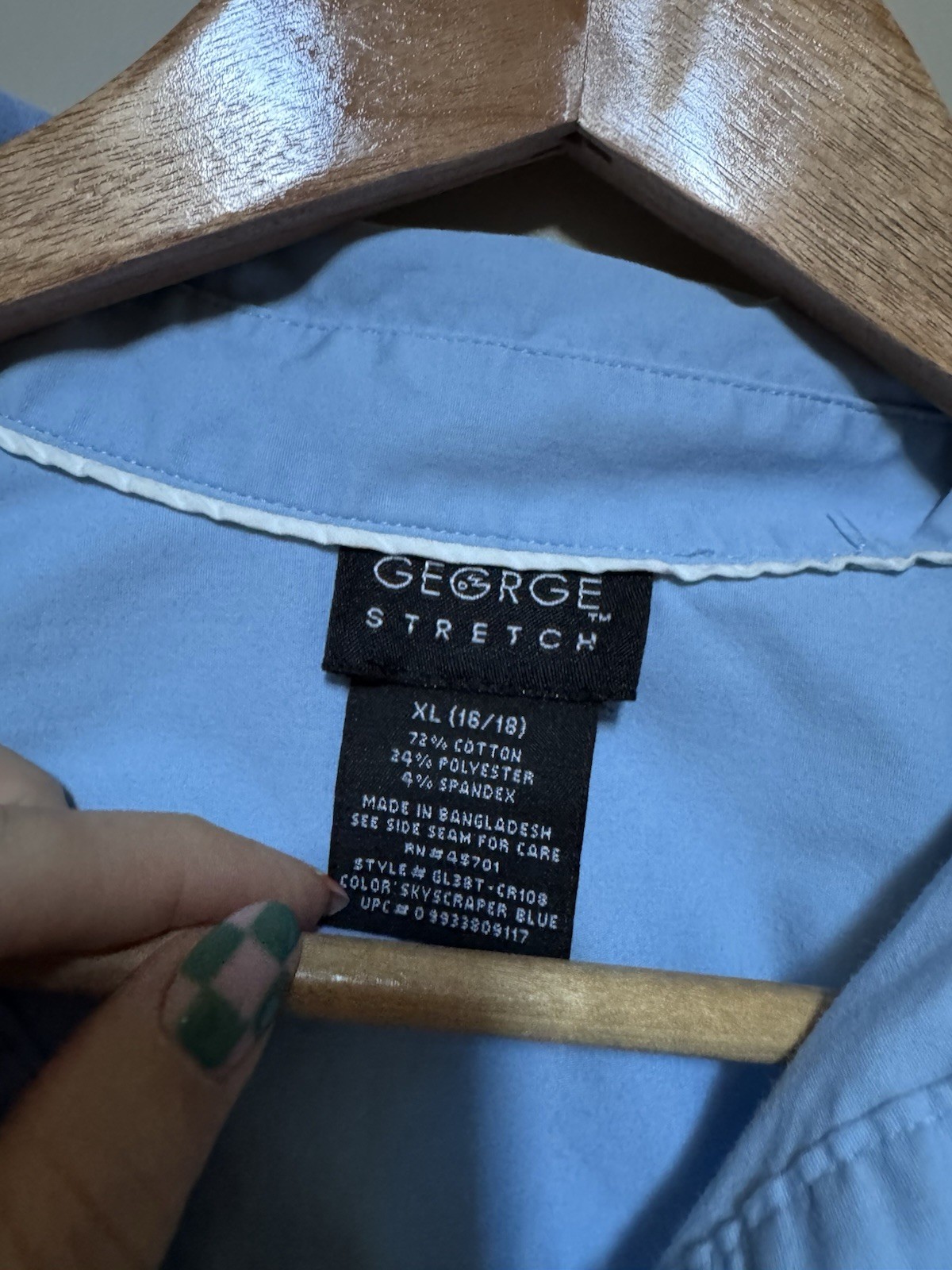 George Blue Solid Collared Long Sleeve Button-Up Stretch Blouse XL (16/18)