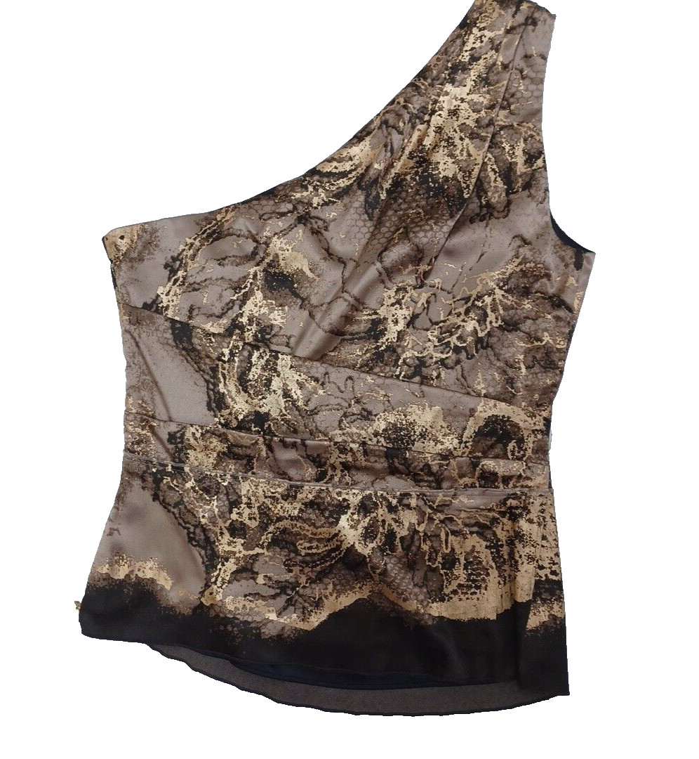 $98 T TAHARI S Top Blouse Shell Nadine Gold One-Shoulder Metallic Foil Print