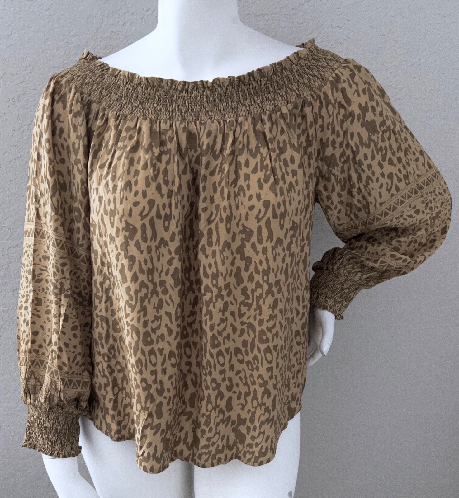 Umgee USA Animal Print On or Off Smock Shoulder Top Blouse Latte Plus XL 1XL 2XL