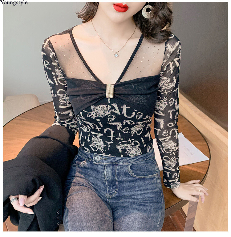 Sexy Korean Women Mesh Rhinestone Slim Casual Party Cocktail Tops Blouse Shirts