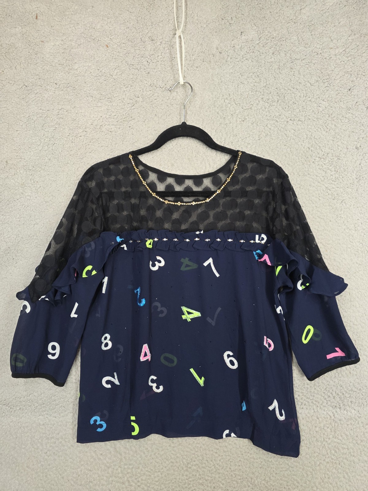 Teacher Themed Blouse Large Cute Number Print Ruffled Top Rhinestones Sheer Math