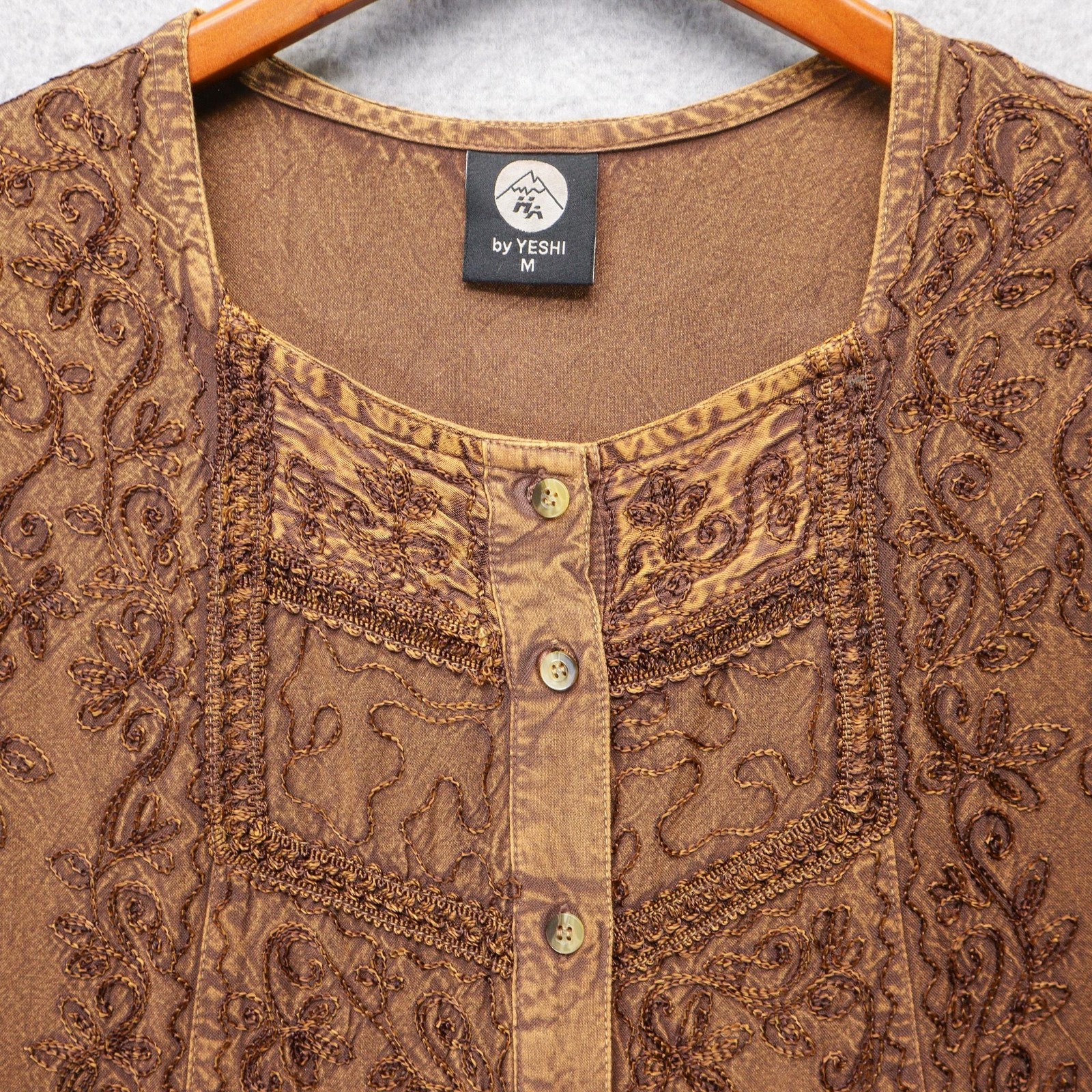 Yeshi Blouse Womens M Brown Embroidered Button Ruffle Fairy Boho Rennaissance