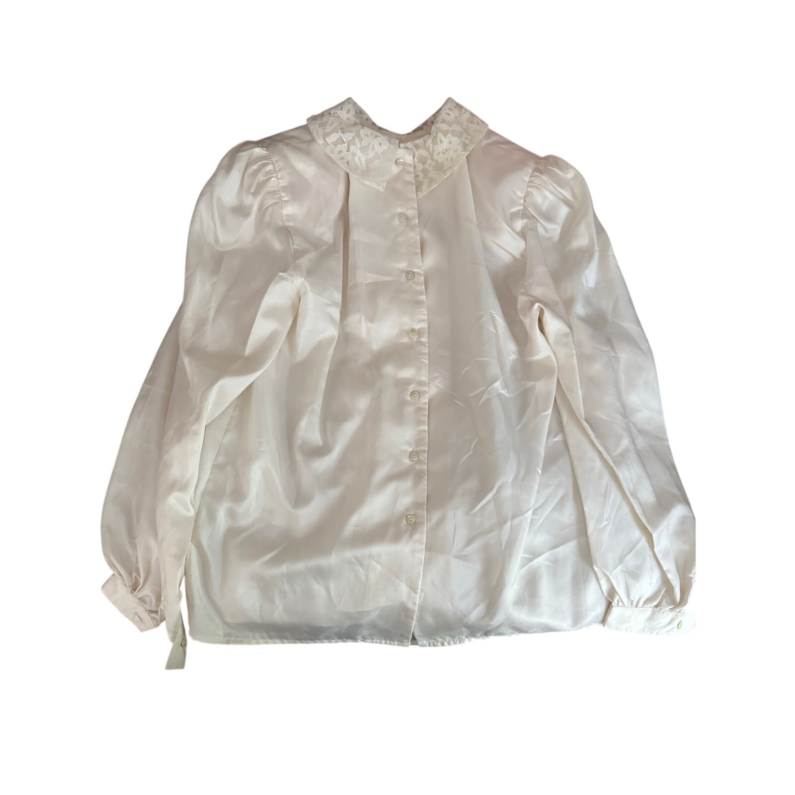 Vintage Nilani Ivory Satin Blouse Size 6 Lace Collar Floral Embroidered Romantic