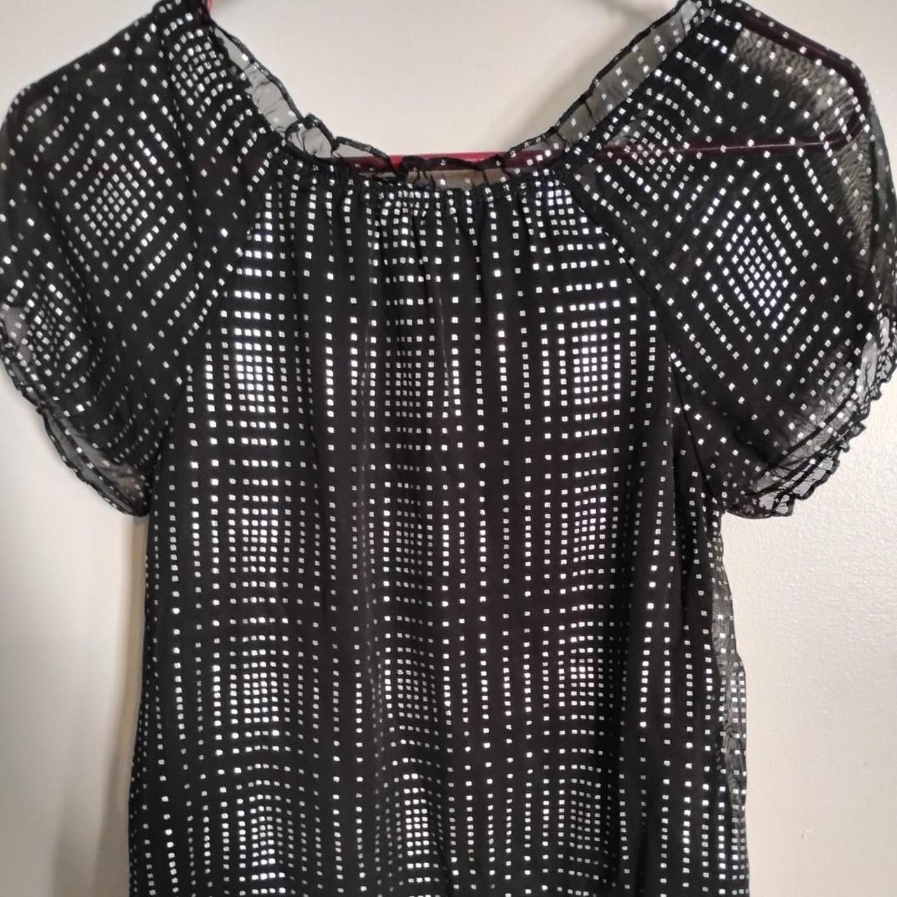 VINTAGE Y2K MALL GOTH MESH BLOUSE BLACK SILVER METALLIC BOW DETAIL TOP