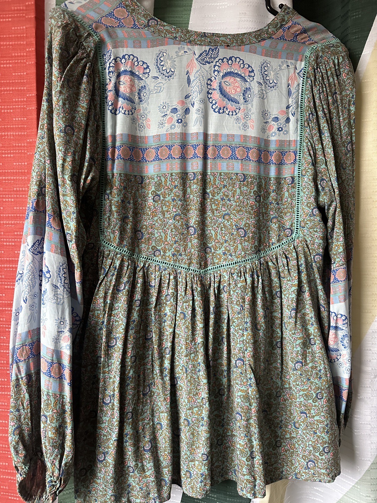 VICI Collection Blouse- Deep Water Floral Tassel Top New Without Tags