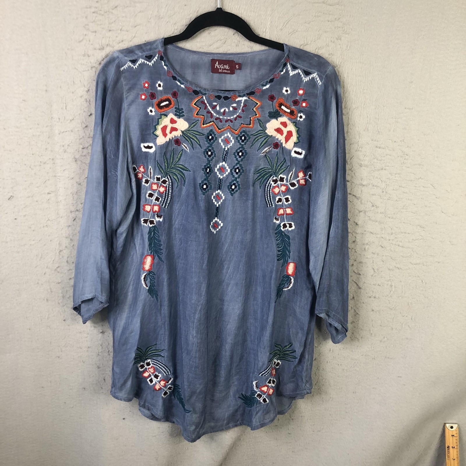 Festival Top Womens S Blue Embroidered Floral Boho Artsy Western Sheer