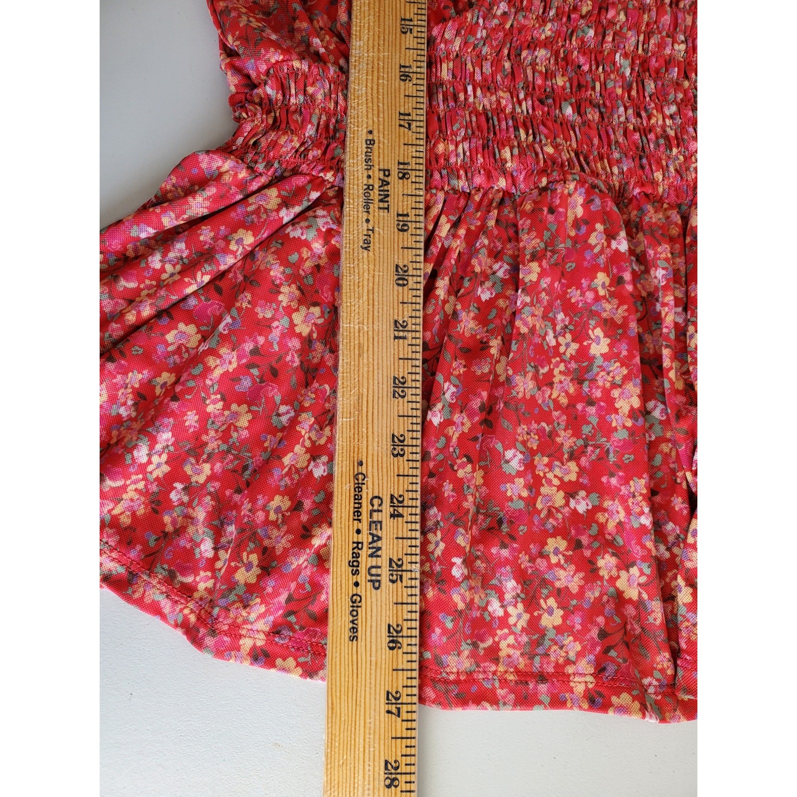 Lane Bryant Red Ditsy Floral Fitted Smocked Mesh Top 1X Boho Casual Bodycon NEW