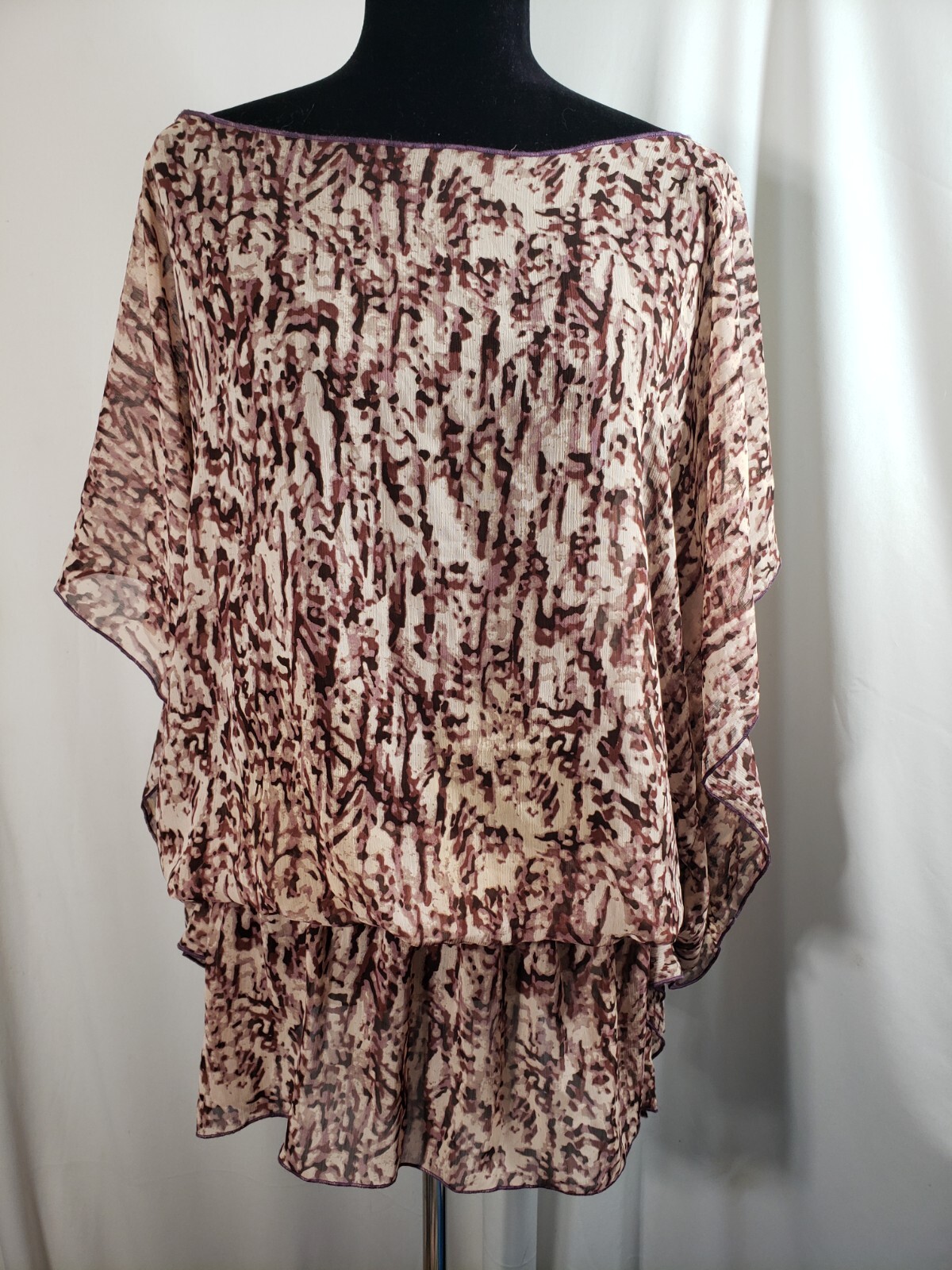 Plus size poncho style top/tunic, brown/beige, elastic at hip, L-1X, handmade
