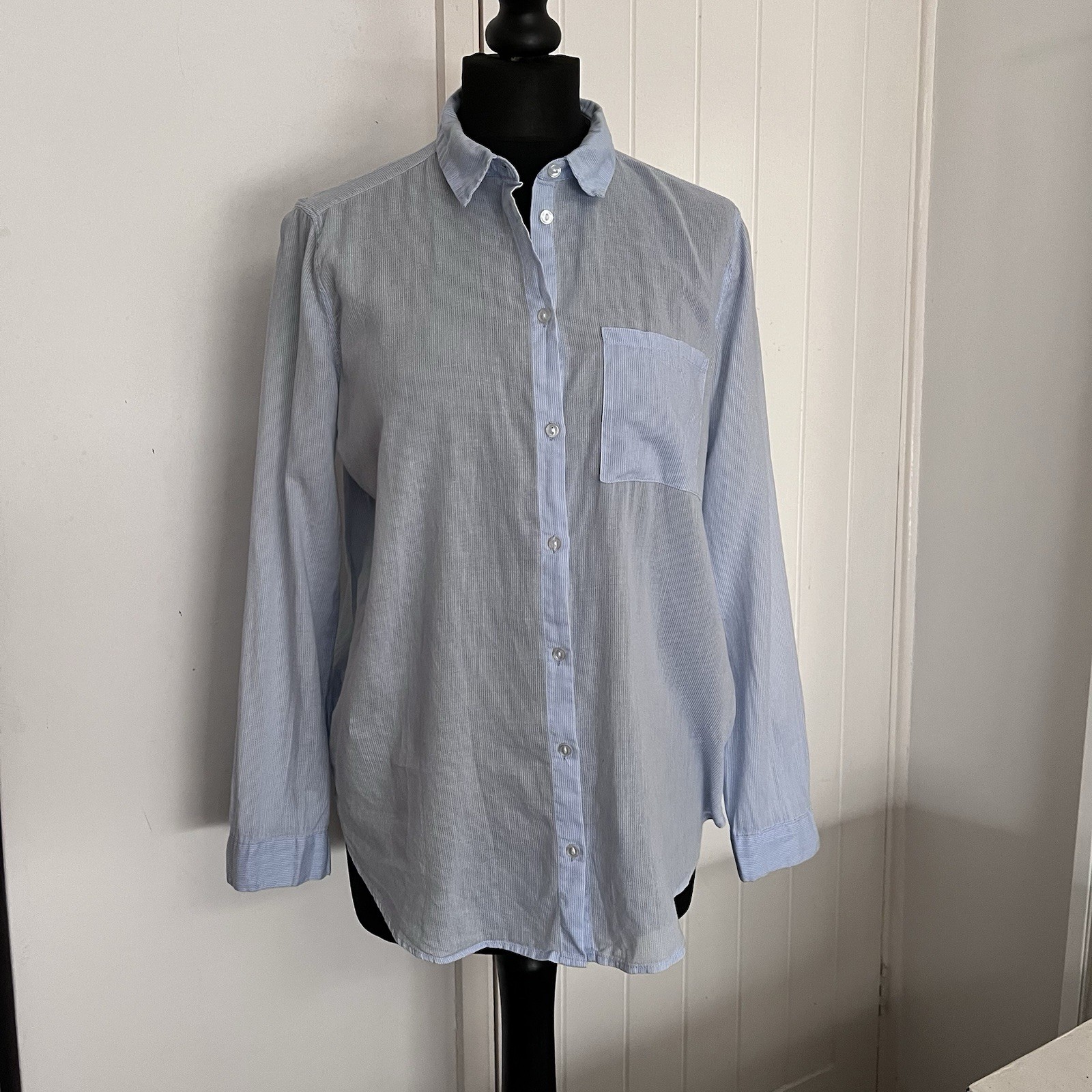 H&M Divided Light Blue Stripe Cotton Long Sleeve Shirt in UK 10 *exc cond*