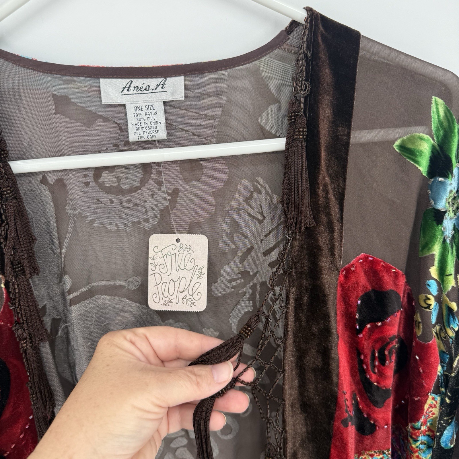 Aris A Kimono Burnout Velvet Floral Boho Beading Tassel Fringe Silk Blend