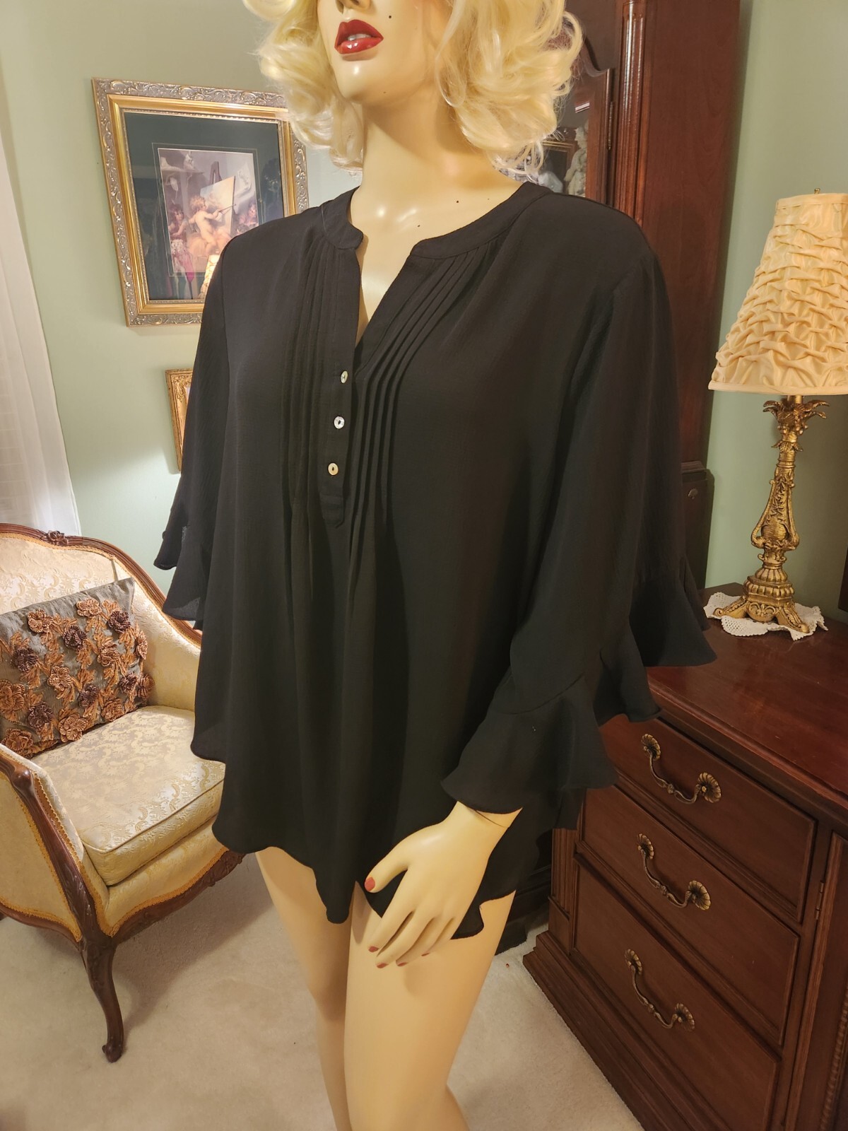 GiGiO Plus Black Tunic Blouse size 1XL Ruffle Sleeves