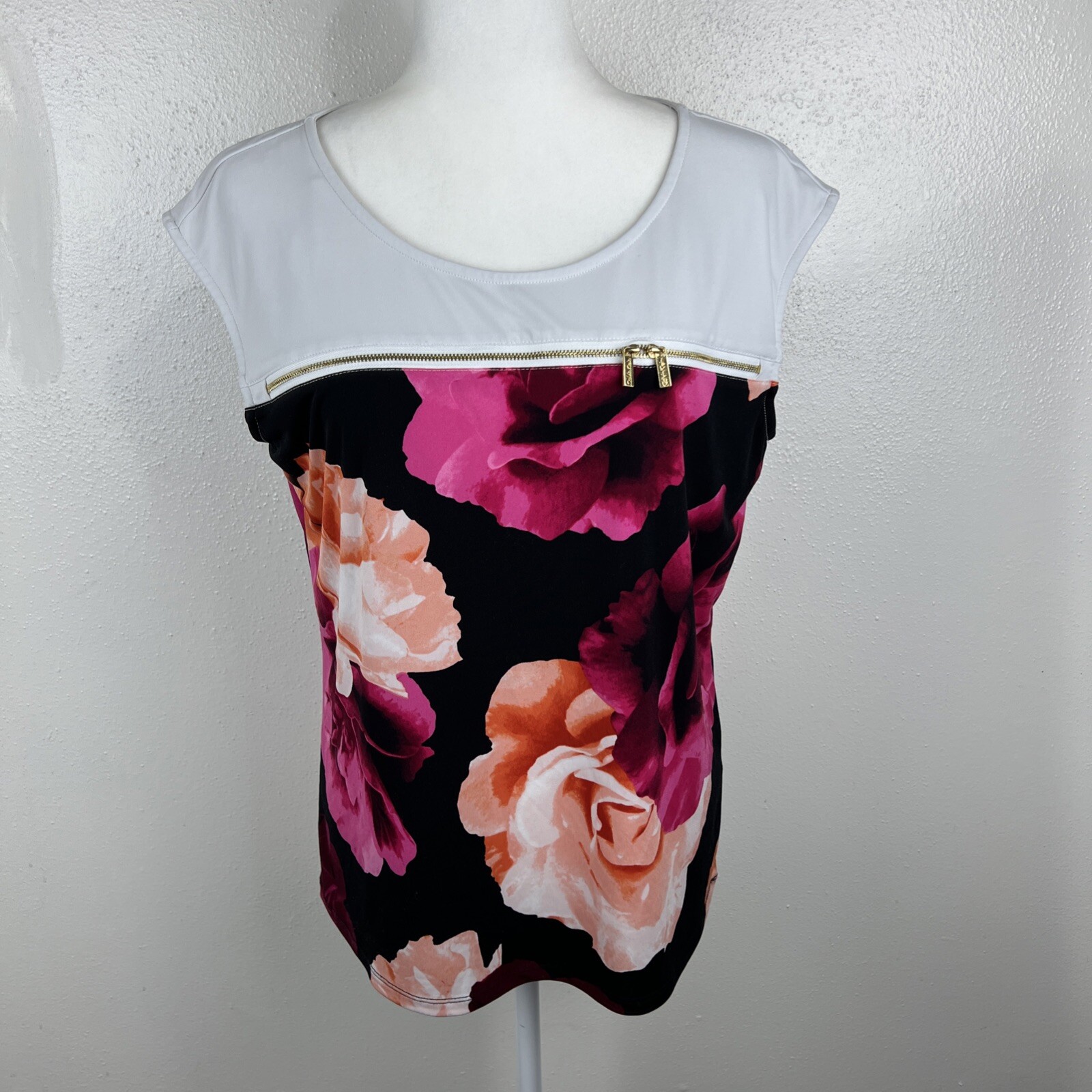 Calvin Klein Blouse Women Large White Black Floral Print Gold Zip Cap Sleeve Top