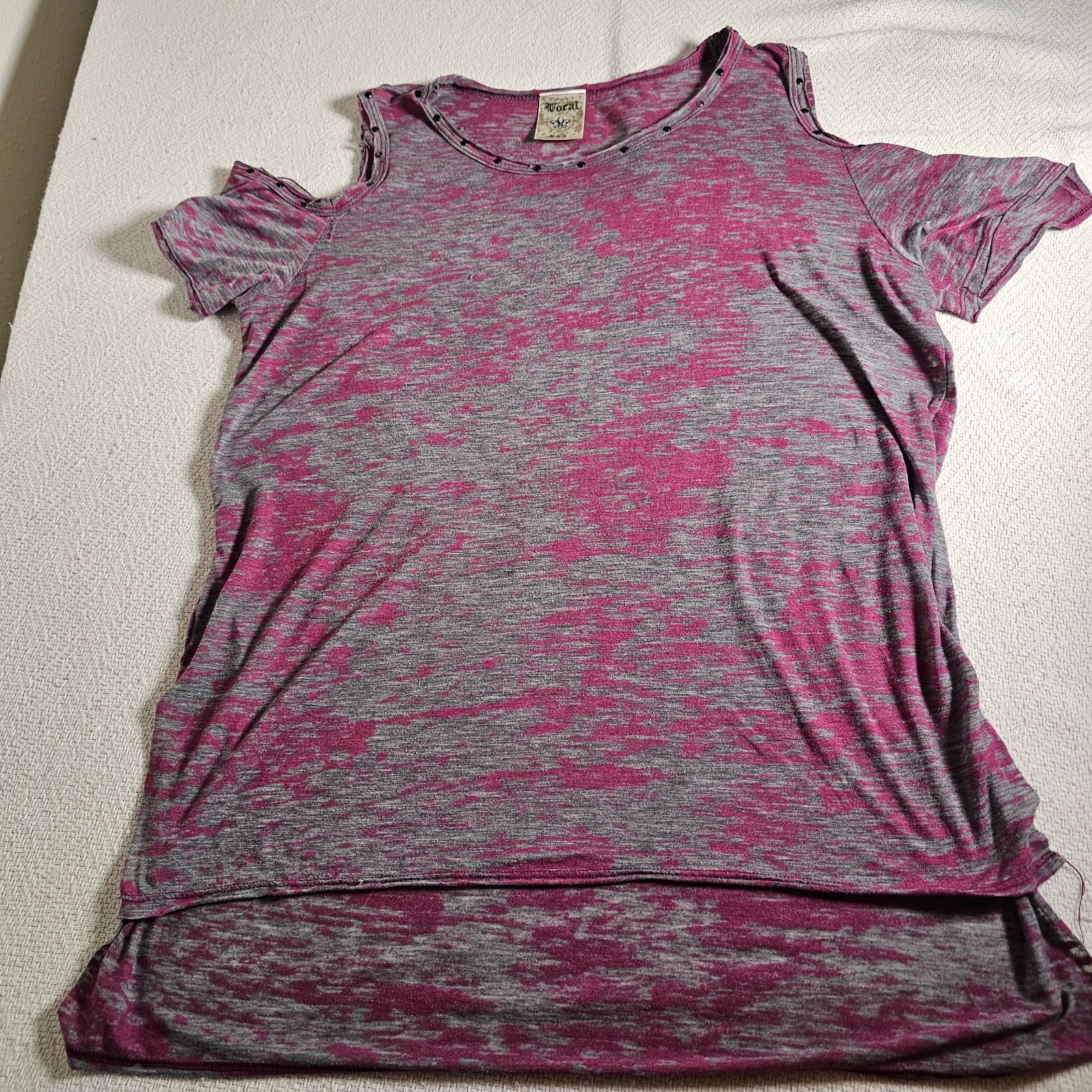 Vocal Womens S Cold Shoulder Top Pink Acid Wash Rhinestone Accent Wings