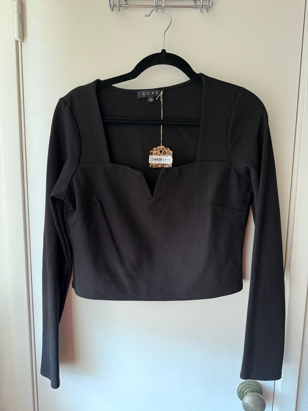 FORE Black Long Sleeve Crop Top with Square Notch Neckline