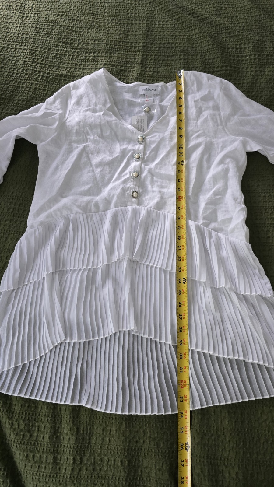 Peck & Peck White Linen Blend Top L NWT Boho Tiered Pleated Bell Sleeve Blouse