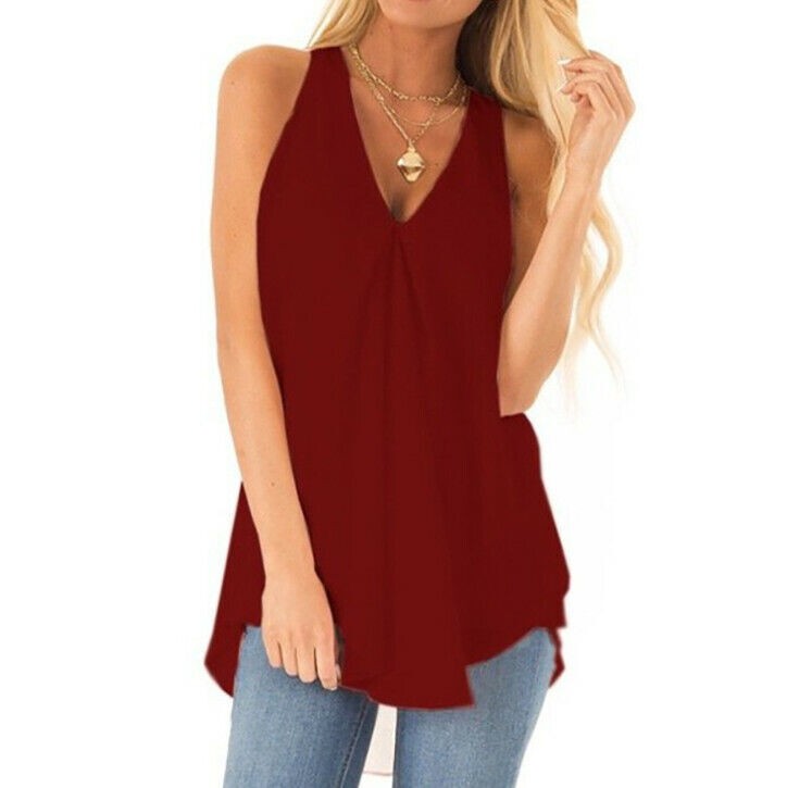 Women Chiffon Casual Loose Sleeveless Blouse V Neck Summer Tunic Tank Tops Shirt