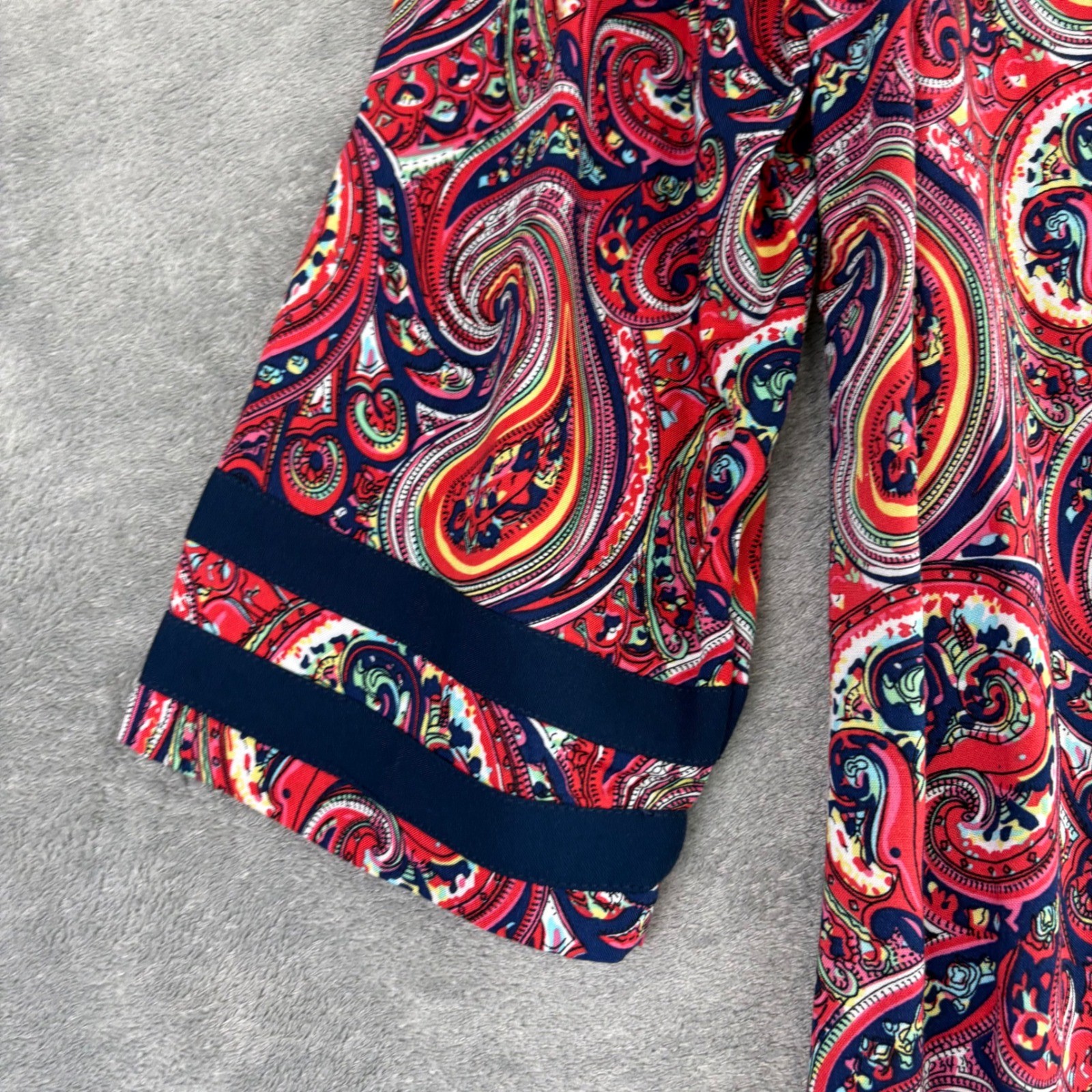 Tina Stephens Paisley Rayon Tunic Top M Red Blue 3/4 Sleeve Boho Festival Fun