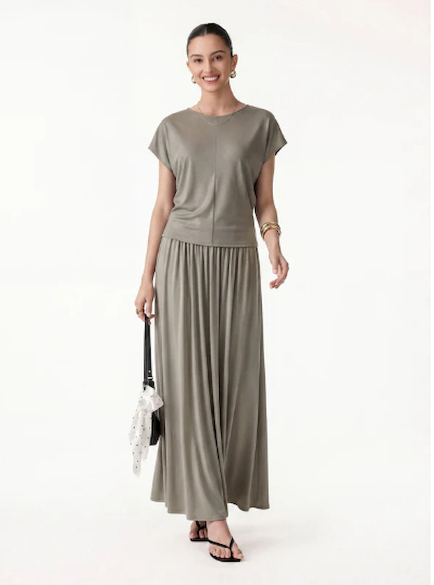 OGL 2Pcs Set Round Neck Top & A-Line Maxi Skirt