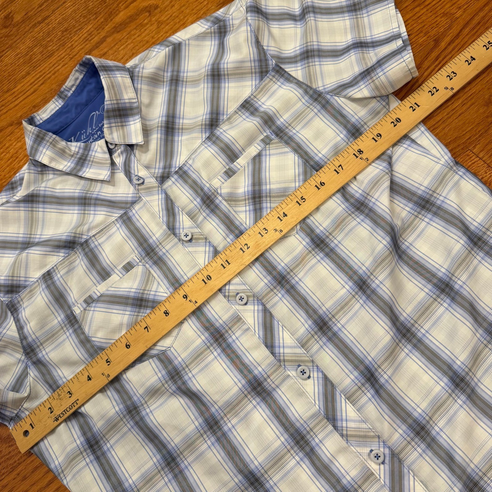 Kuhl Ionik Performance Button Down Shirt Womens Large White Blue Plaid Hiking