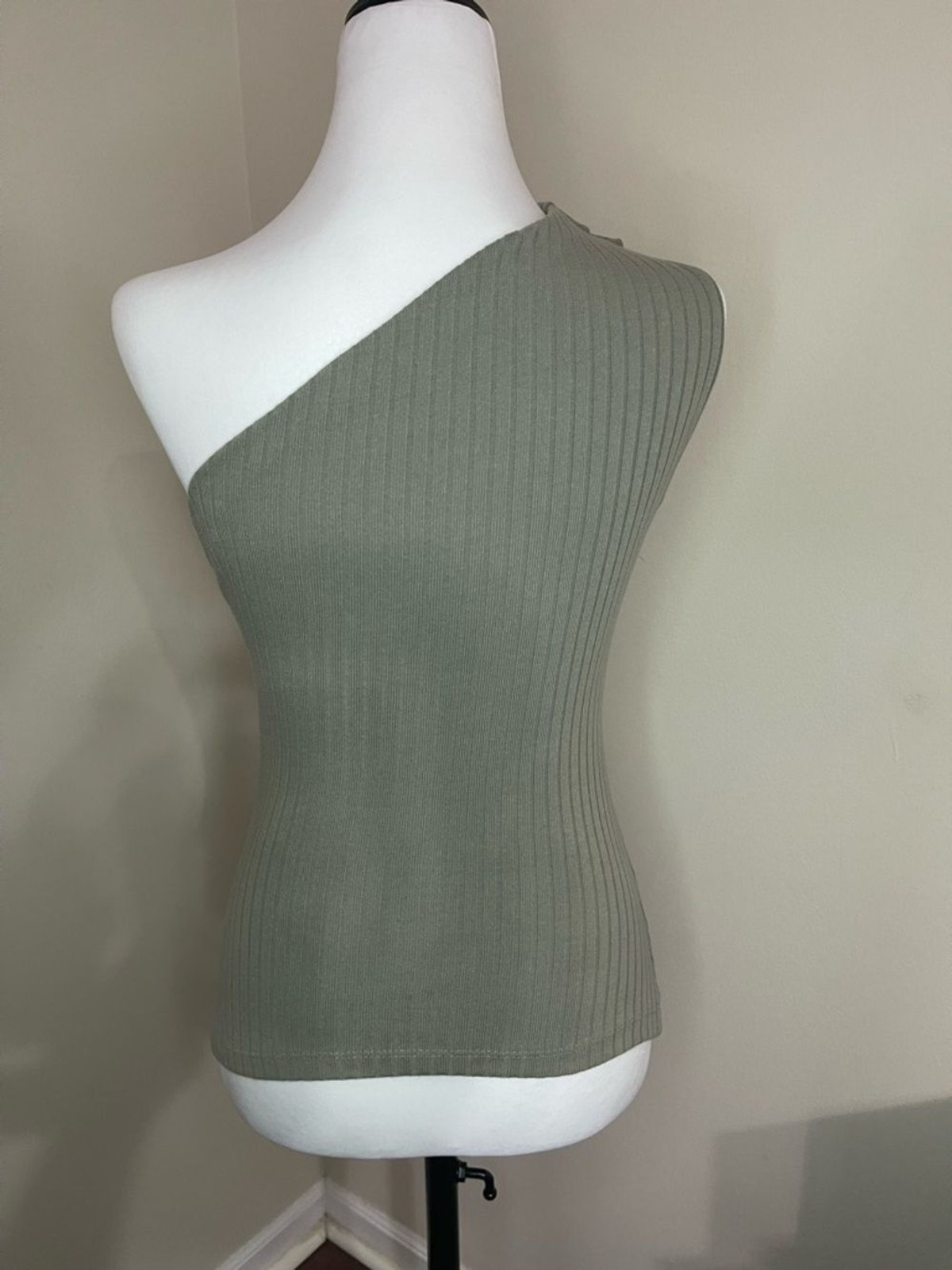 Zara One Shoulder Ribbed Olive Green Ruched Top Women’s Small