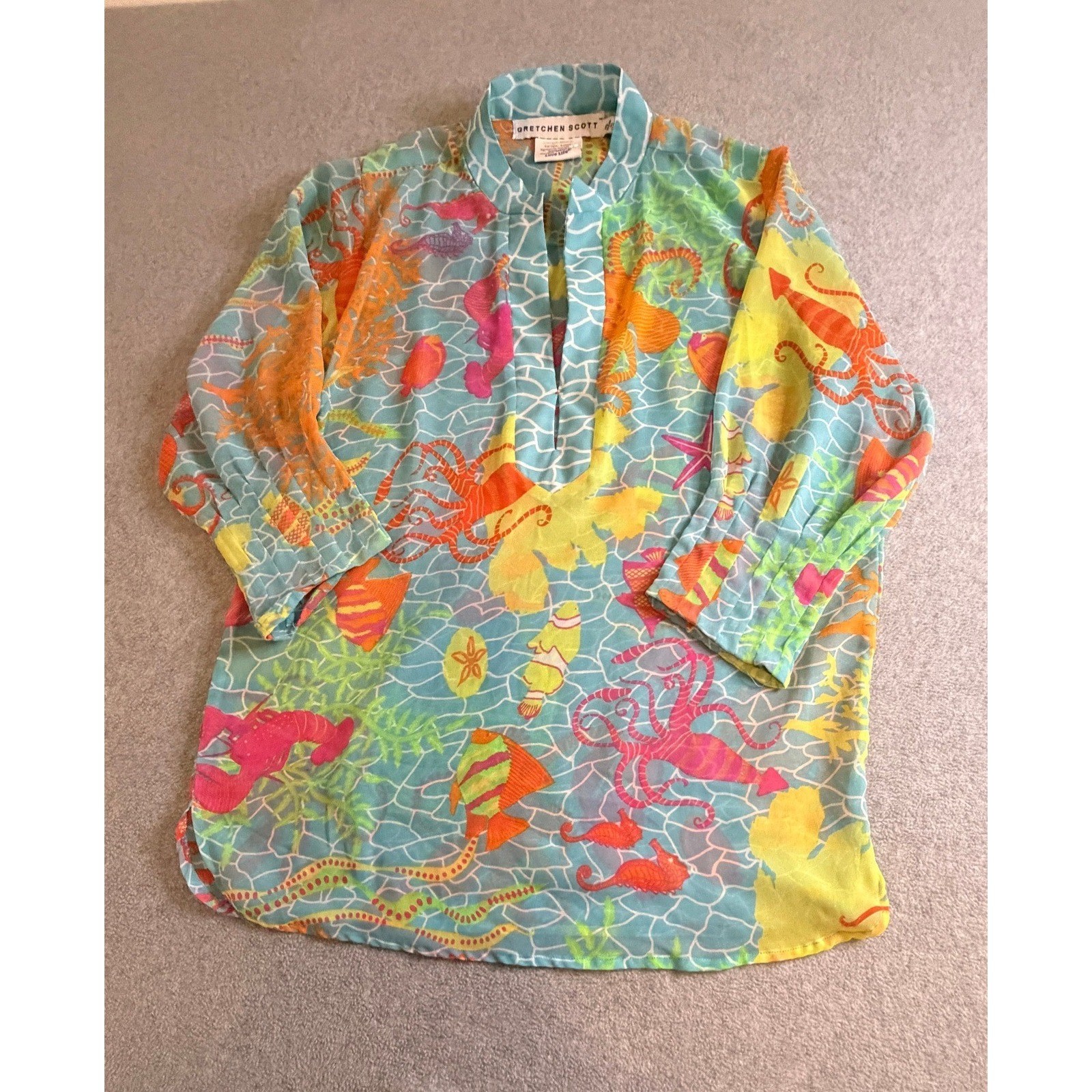 Gretchen Scott Under the Sea Aquatic Print Tunic Top Blue Pink Small Blouse