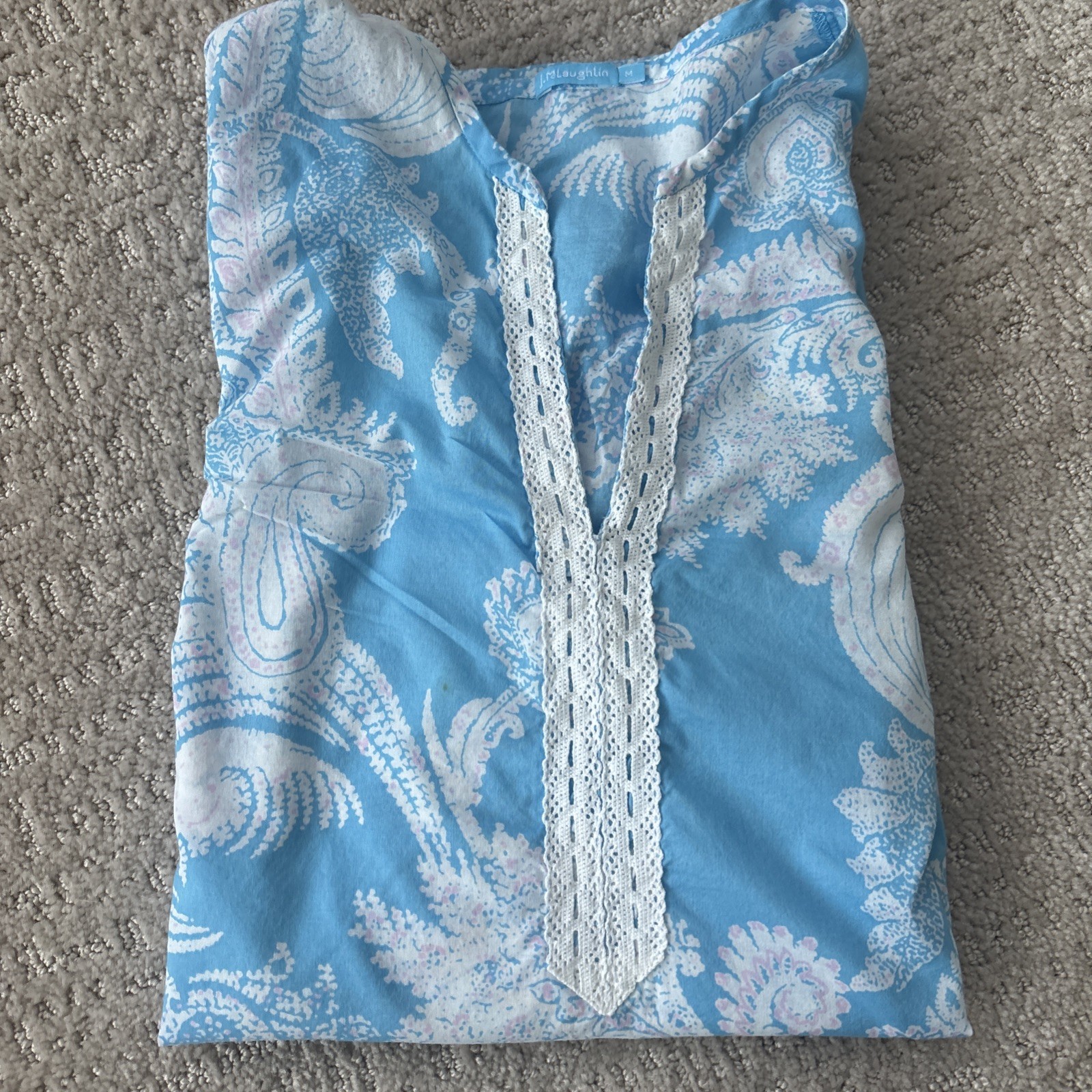 J McLAUGHLIN Sky Blue Pink White Paisley Print Cotton Voile Lace Trim Tunic sz M