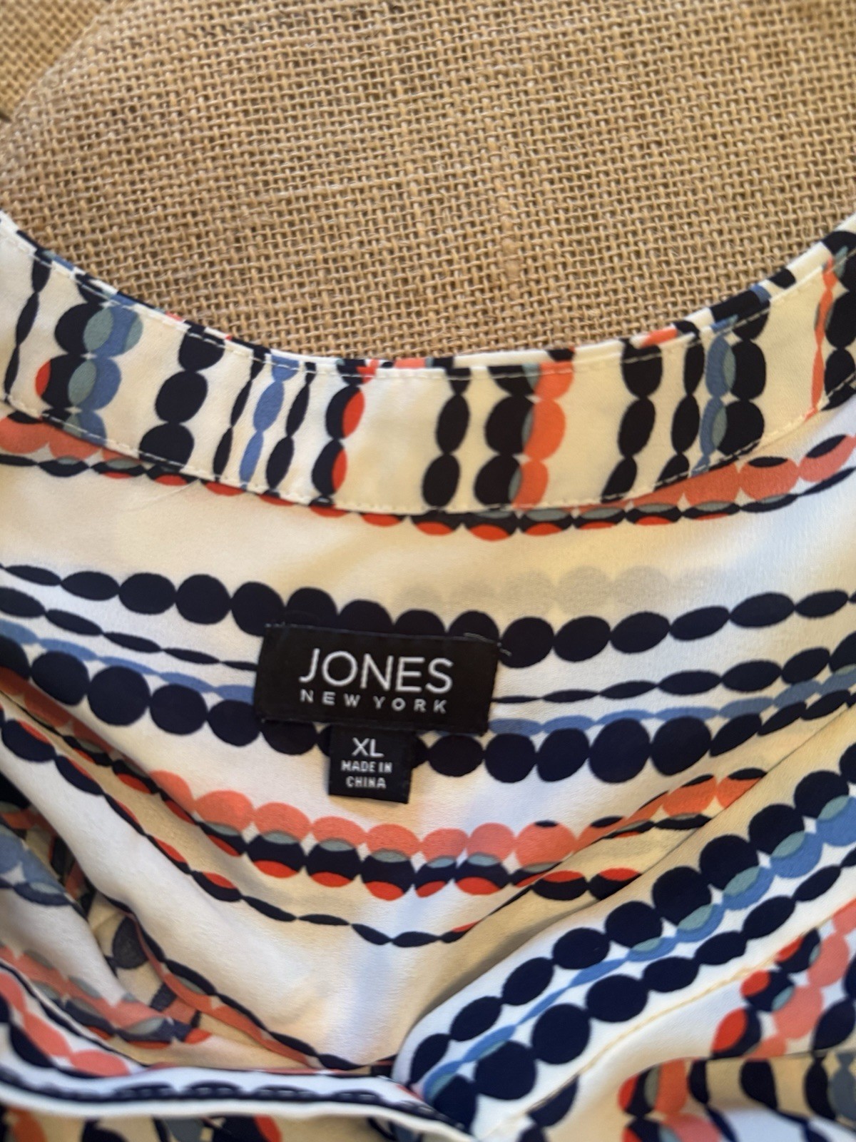 Jones New York V-Neck Pleat Front Tunic XL Cream Coral Blue Vertical Striped Dot