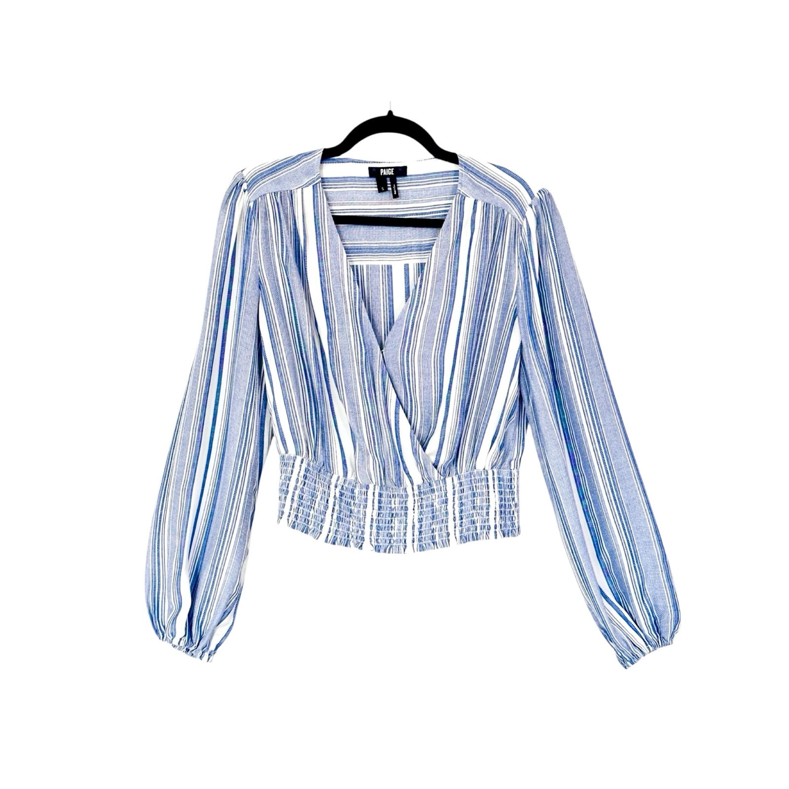 PAIGE Naja Top Ivory Blue Stripe Print Faux Wrap Boho Coastal Women’s Size Small