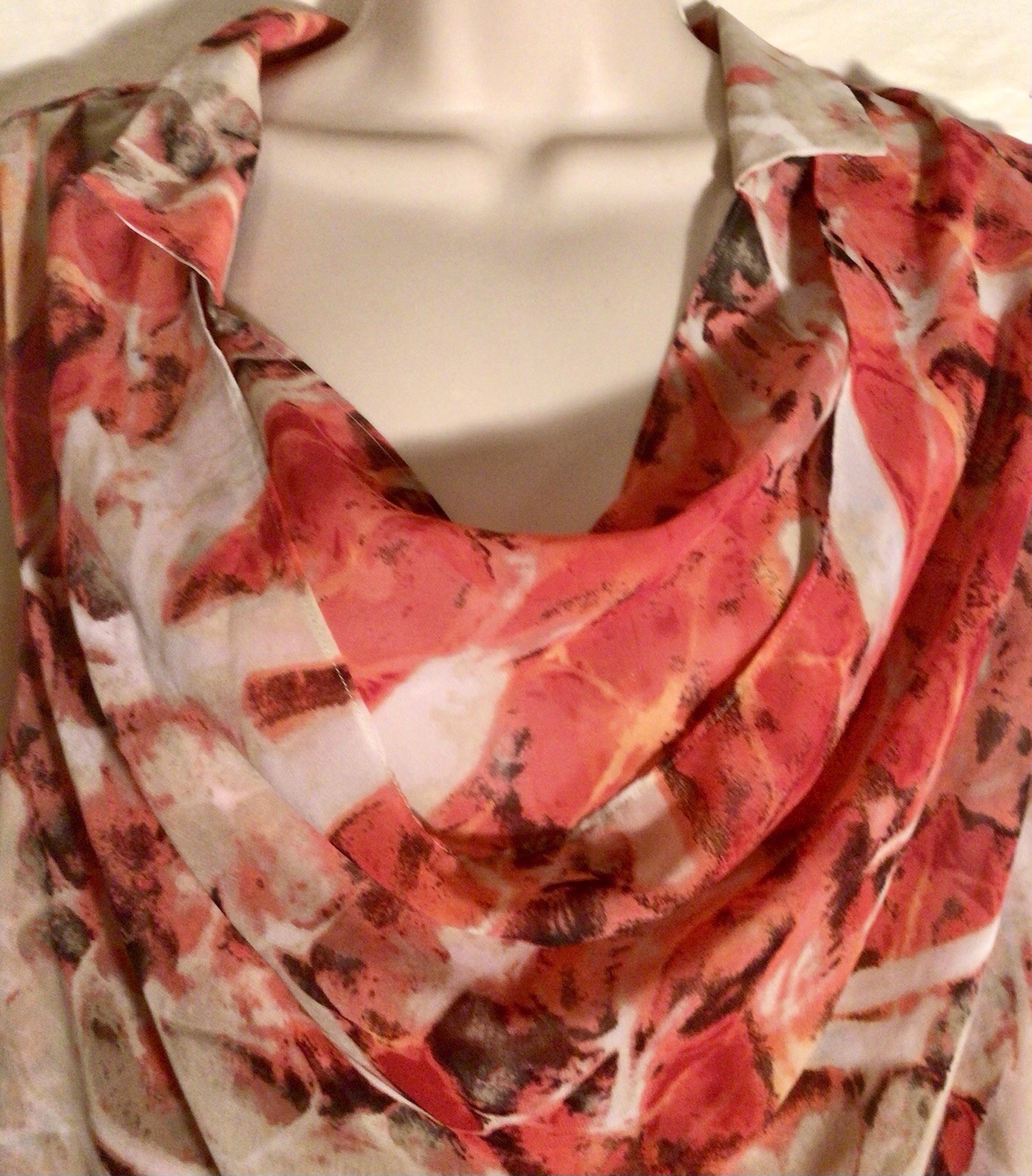 CALVIN KLEIN SIZE L TOP MULTI ORANGE WATERCOLORED PRINT LINED DRAPED NECKLINE