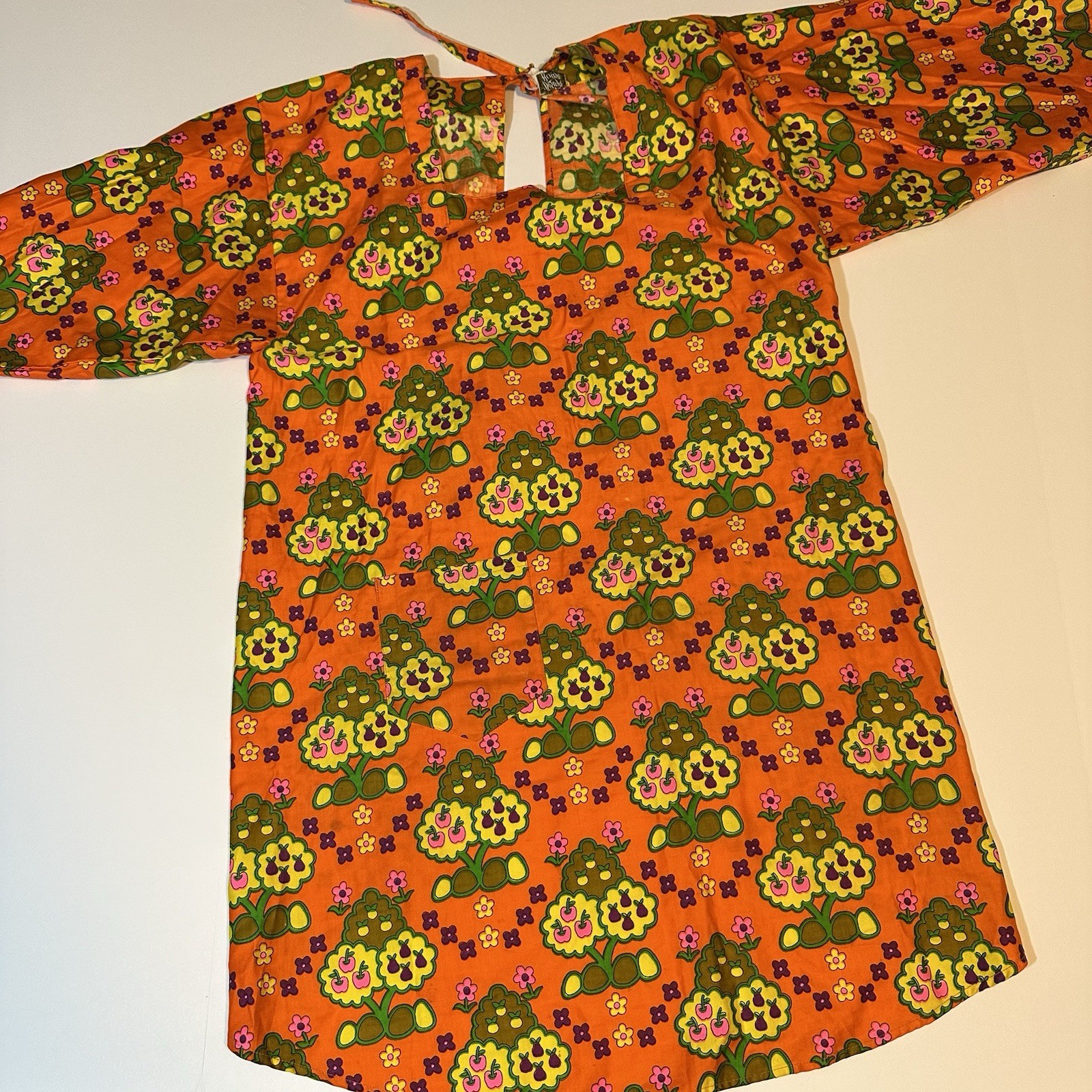 Vtg 60s/70s Design House Fruit Print Apron Smock Top Apron Mod Hippie Tie Back