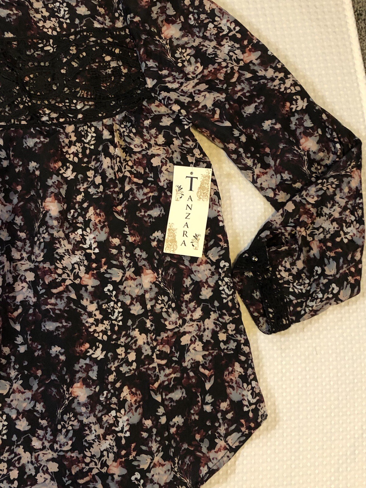 TANZARA – Women’s Large – NEW – Black Pink Floral Lace Panel Blouse – MSRP $43