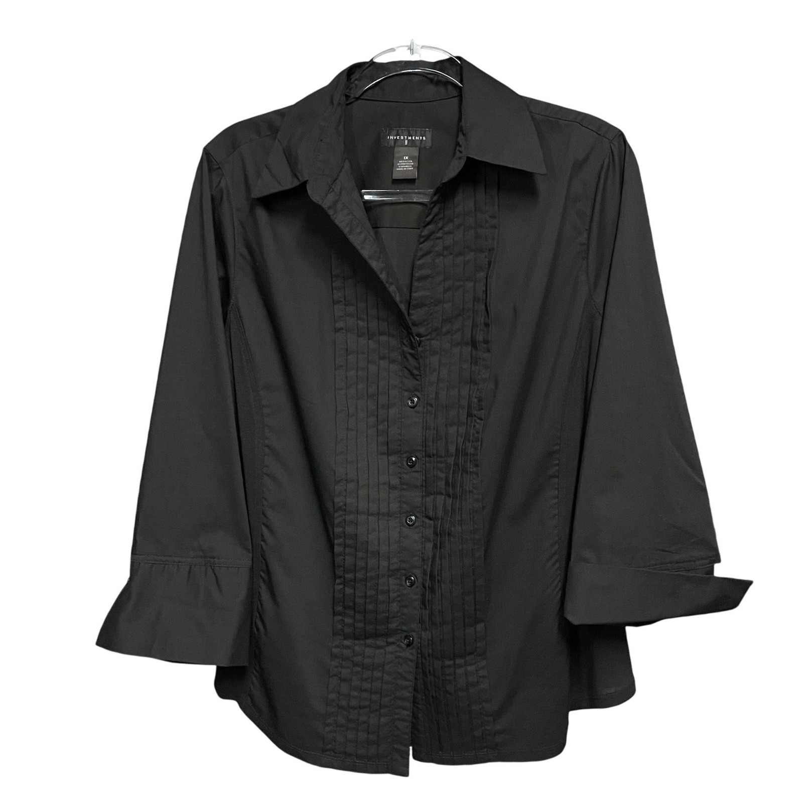 Investments Black Pintuck Button Down Shirt Women’s 1X Stretch 3/4 Sleeve
