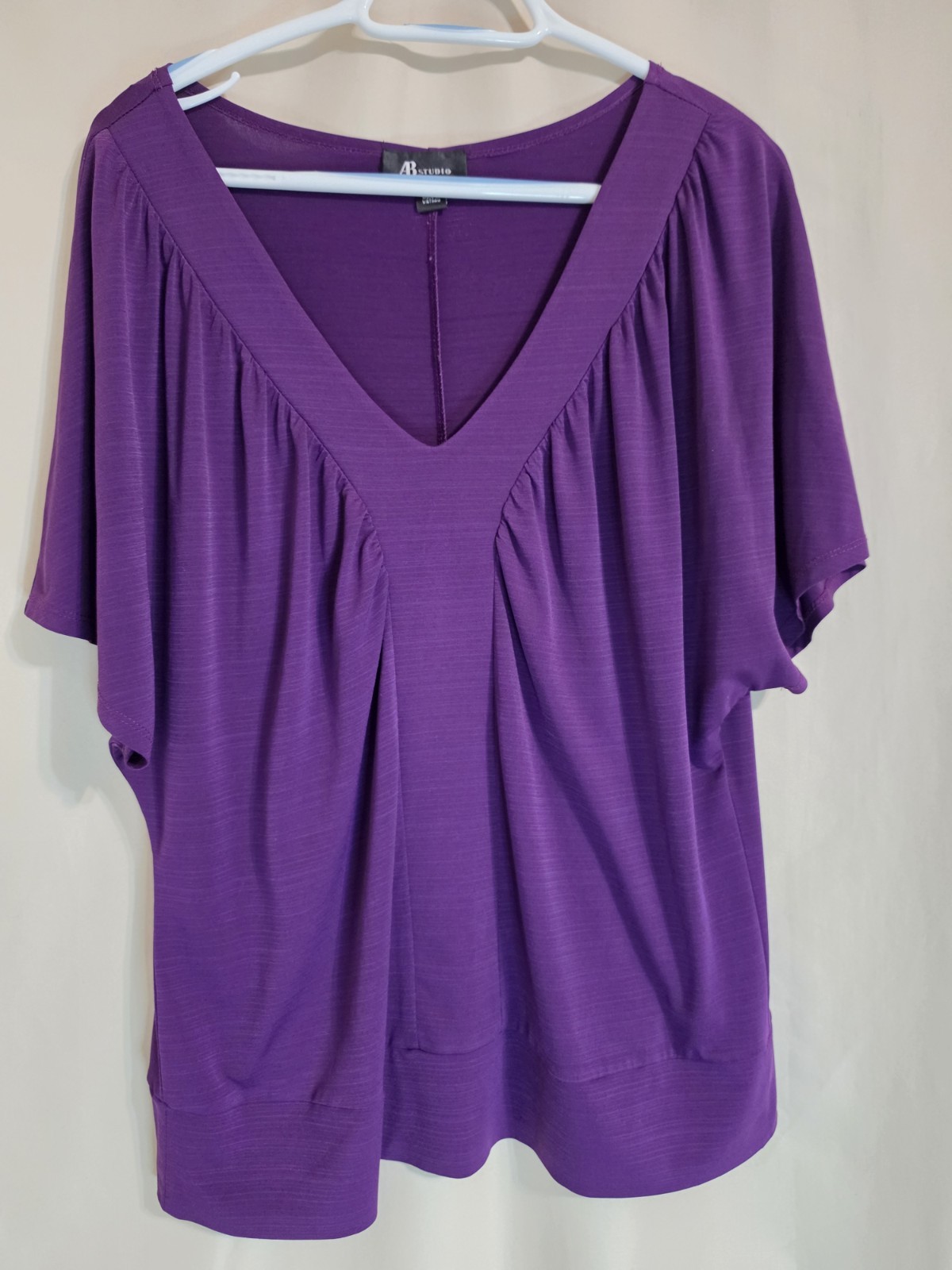 AB Studio Womens Top Sz L Purple Short Sleeve V Neck Relaxed Fit Blouse