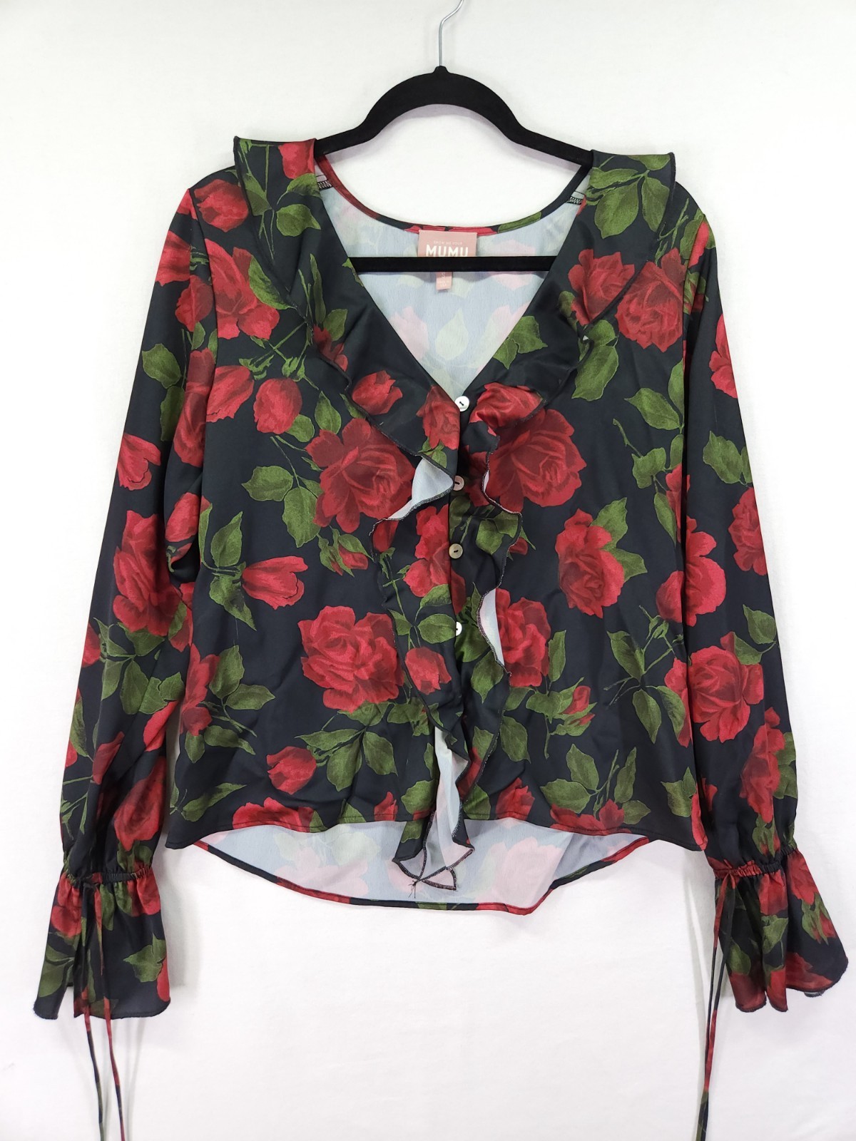 Show Me Your Mumu Red Rose Floral Blouse Small Ruffle V-Neck Long Sleeve