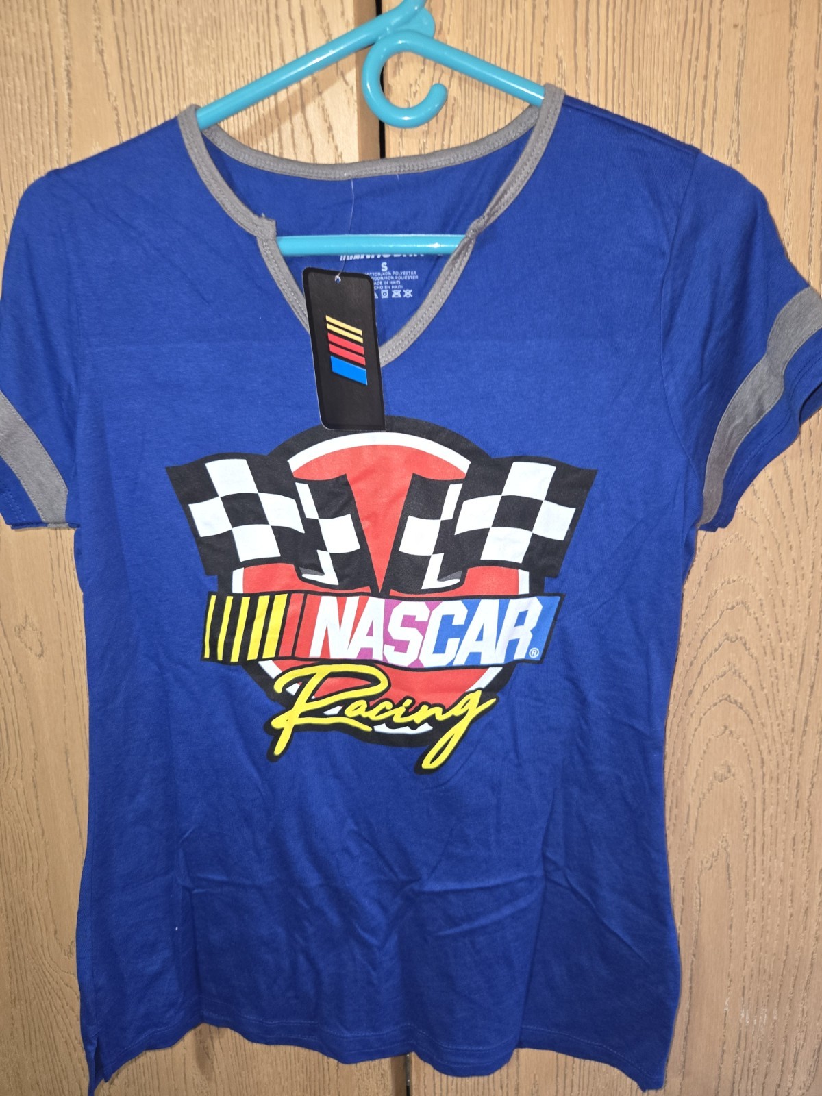 NASCAR Racing Womens Small T-Shirt NWT Royal Blue Notch Neck Ringer Graphic Tee