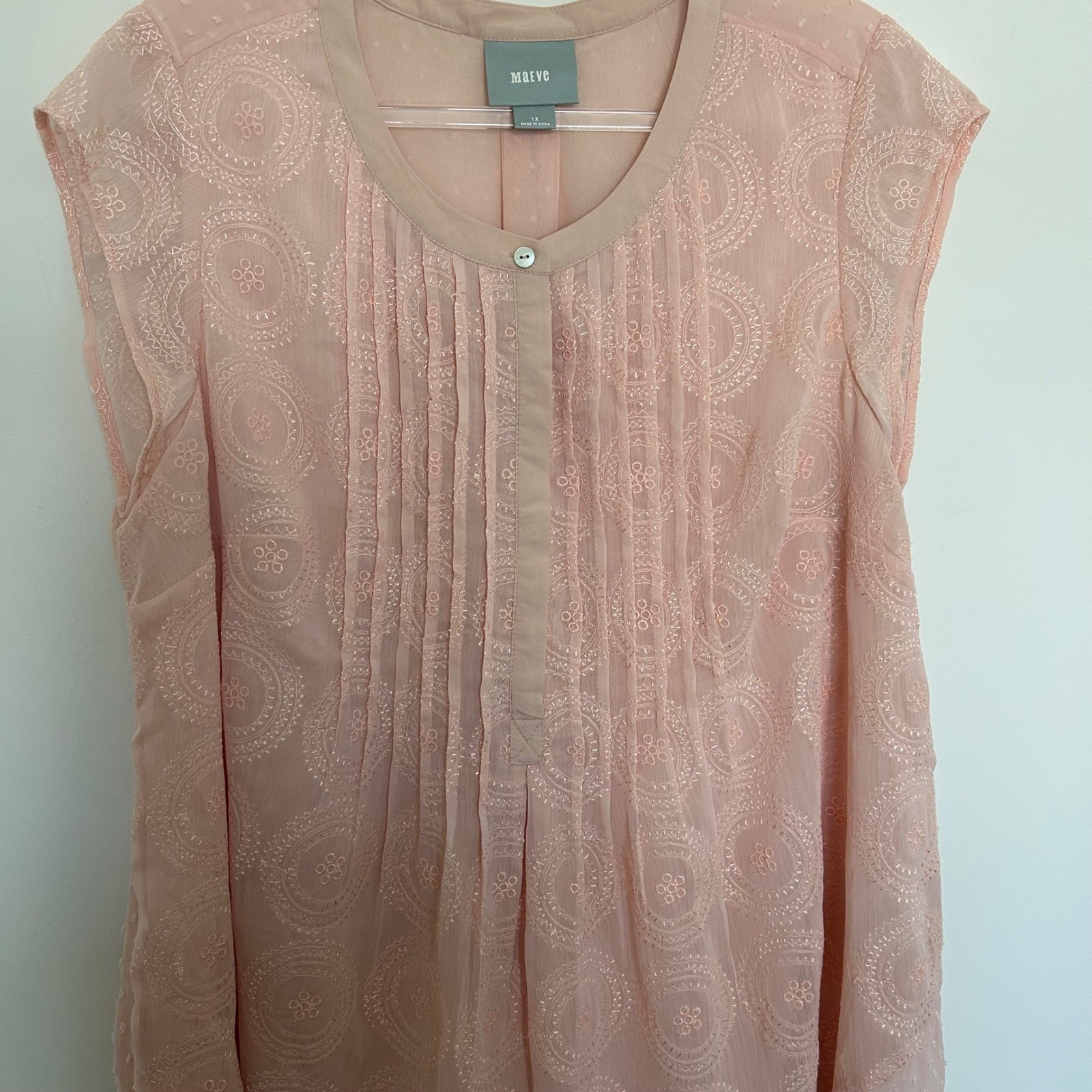 Maeve Blouse Peach Pink 1X Swiss Dot Pintuck Cap Sleeve Anthropologie