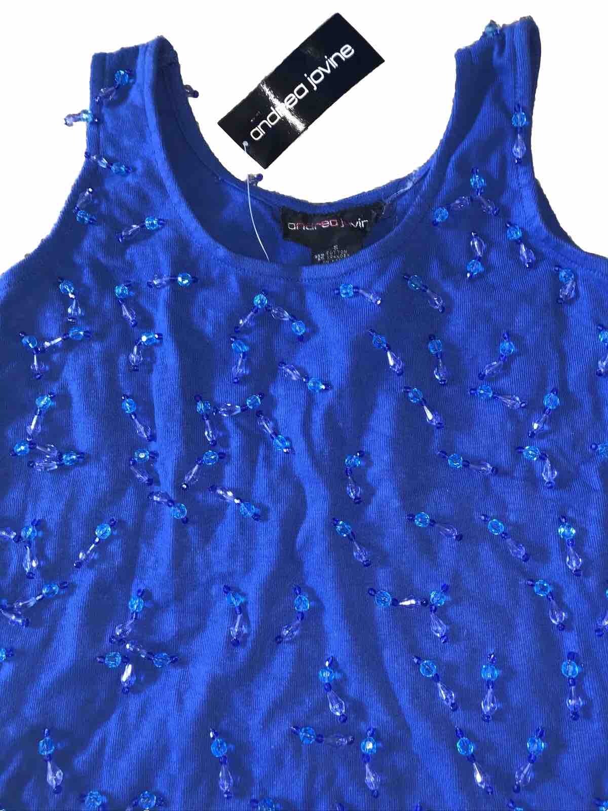 Andrea Jovine VTG Sleeveless Top Vivid Blue Cotton Stretch Dramatic Beads NWT