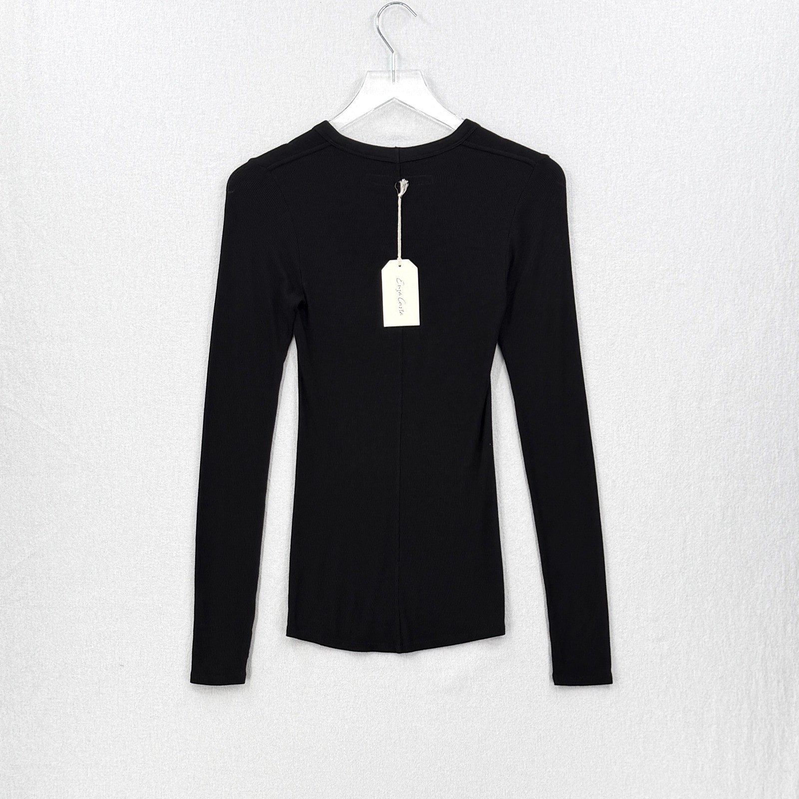 ENZA COSTA Silk Rib Long Sleeve U Top Womens Small Black Neck Quiet Luxury NEW