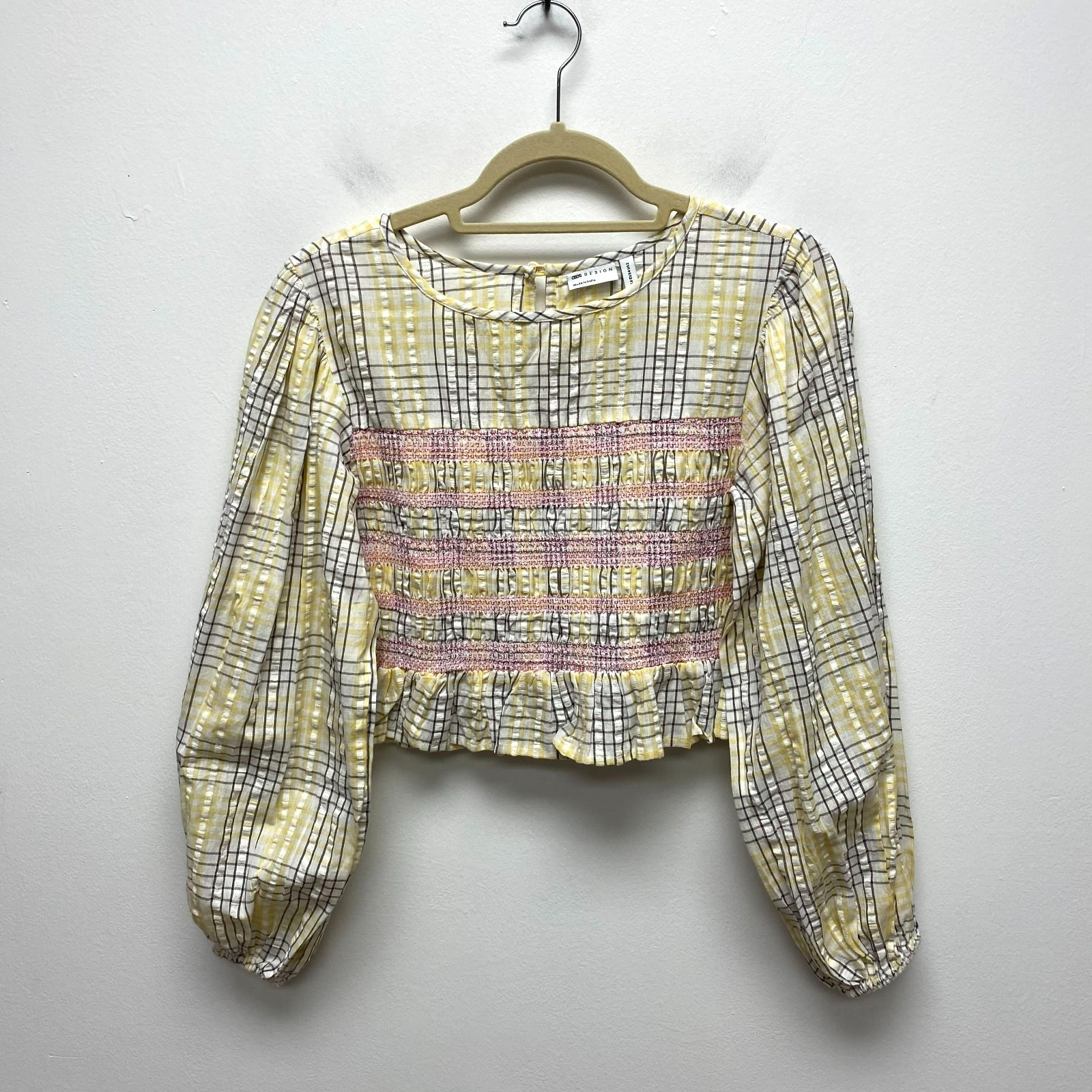 ASOS Womens Yellow Pink Pastel Check Smocked Keyhole Back Ruffled Hem Crop Top 2