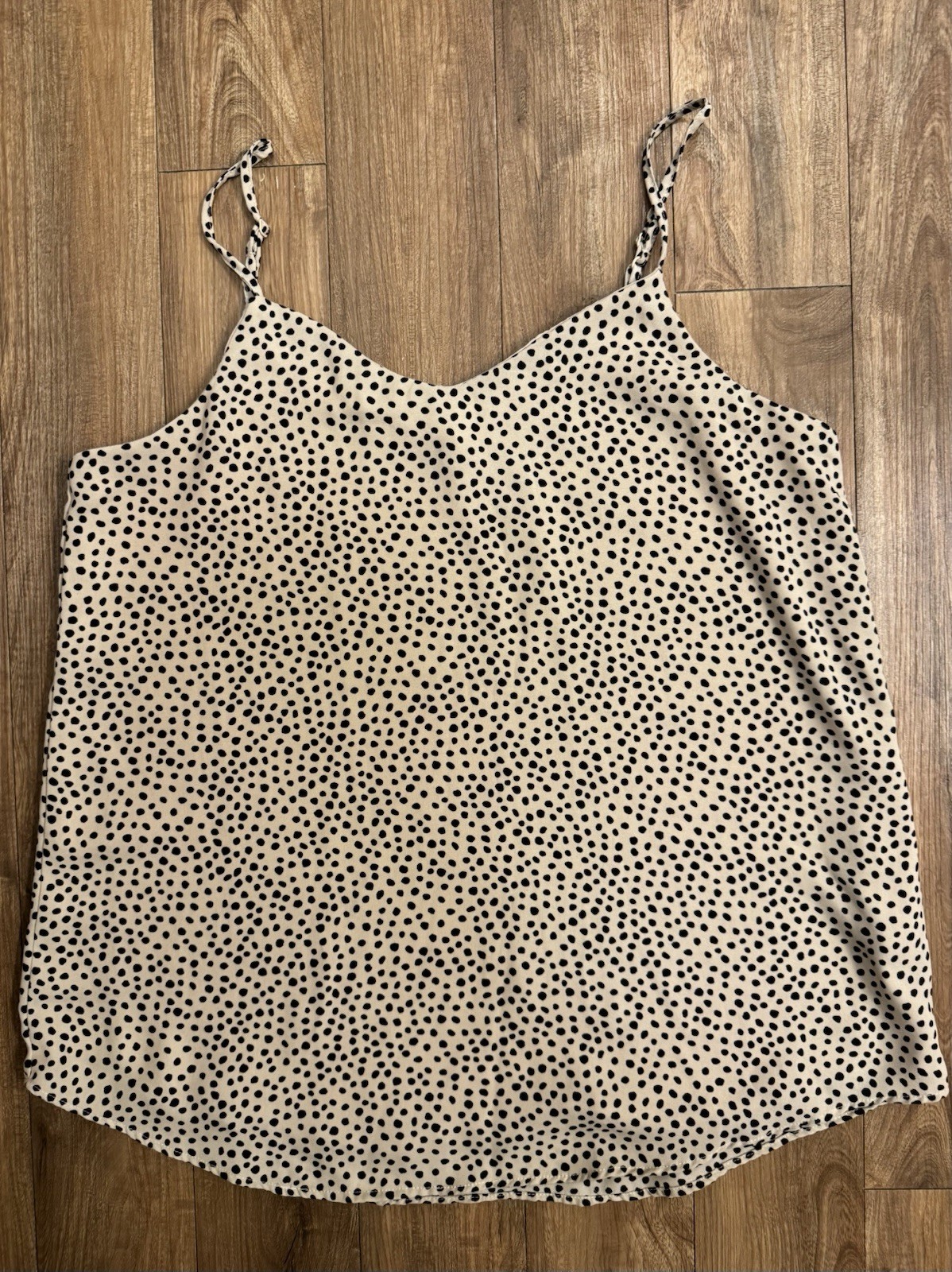 Woman Pink Rose Beige/Black Polka Dot Spaghetti Strap Camisole Tank Top Size M