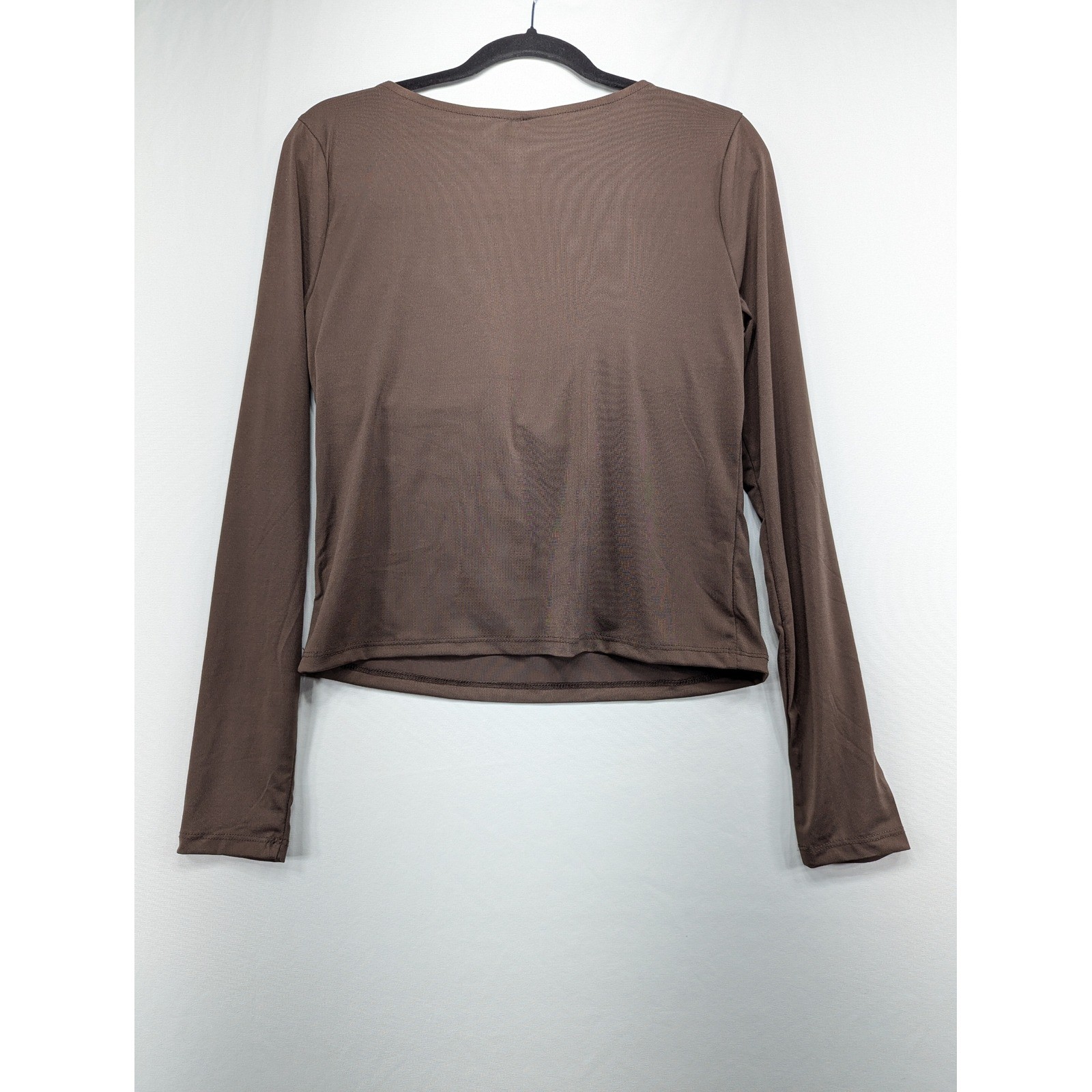 Just Polly Brown Long Sleeve V-Neck Ruched Keyhole Top Gold Beads XL