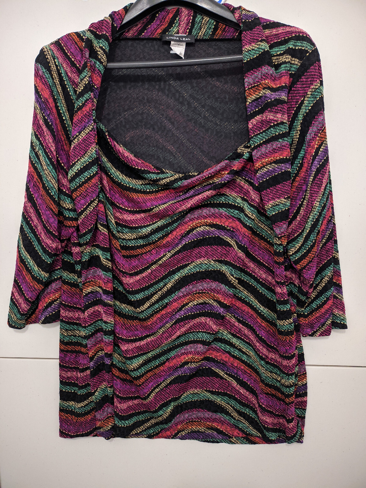 Linda Leal Top Womens 2X Tunic Long Sleeve Pullover Stripe Colorful AOP Made USA