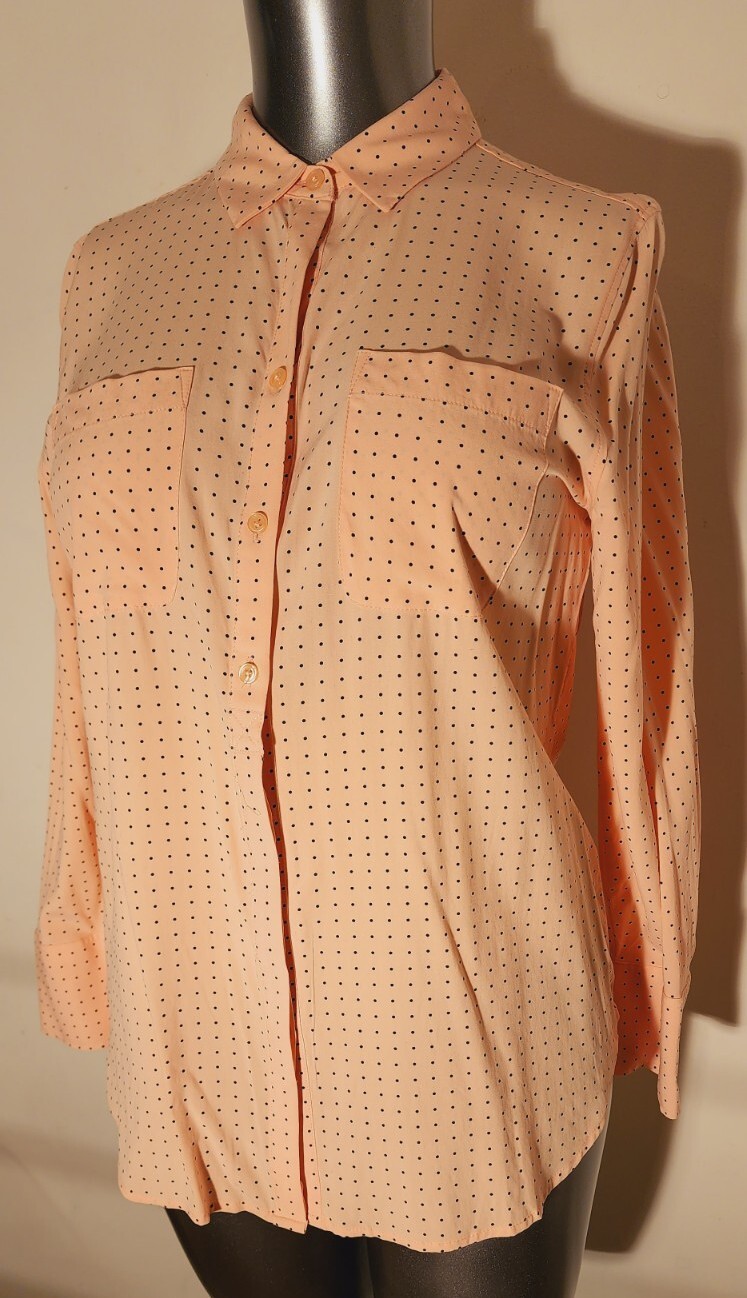 Womens CHICO’S blush pink peach and black polka dot blouse sz 1 8/10