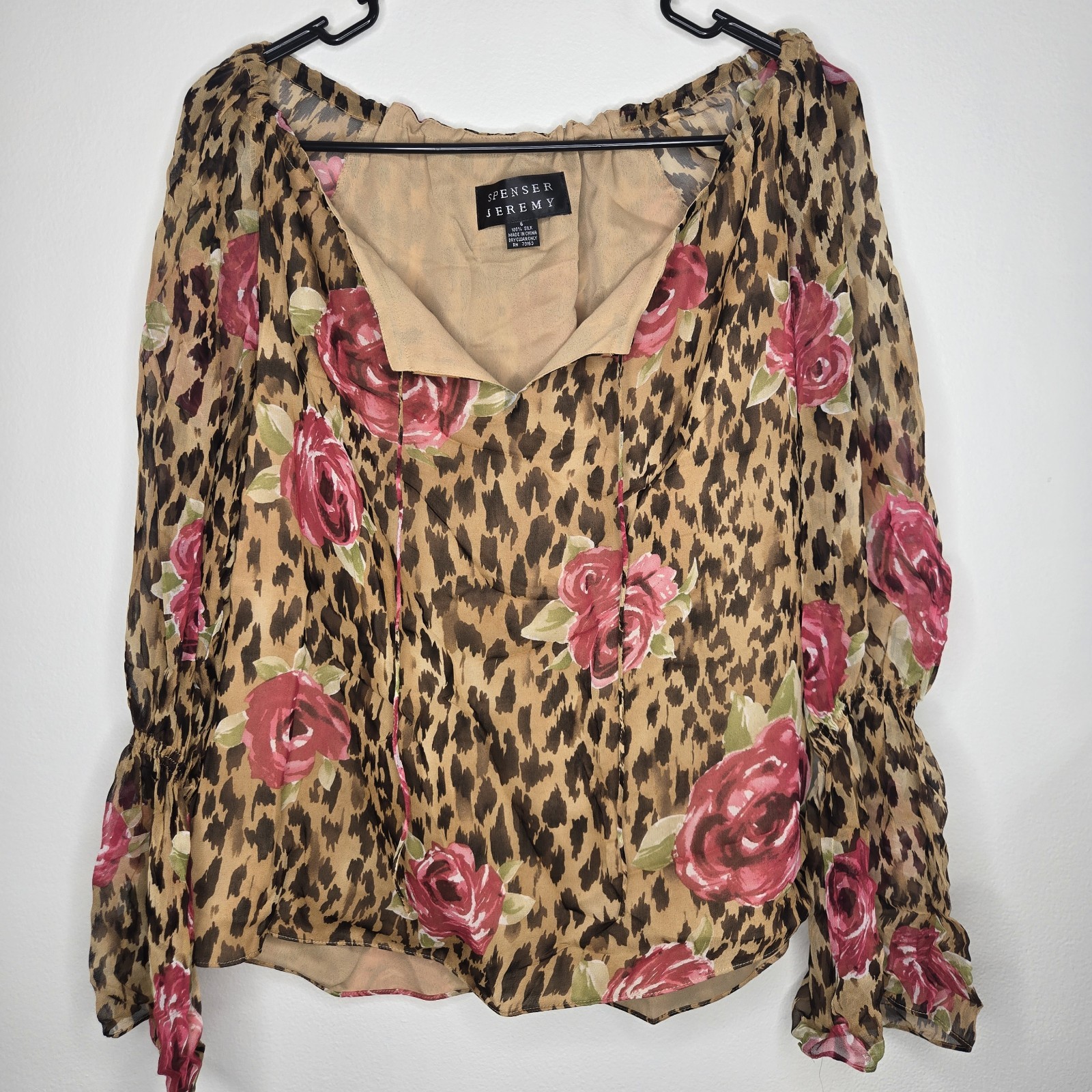 Spenser Jeremy Vintage 100% Silk Floral Leopard Sheer Blouse Top Size 6 NEW