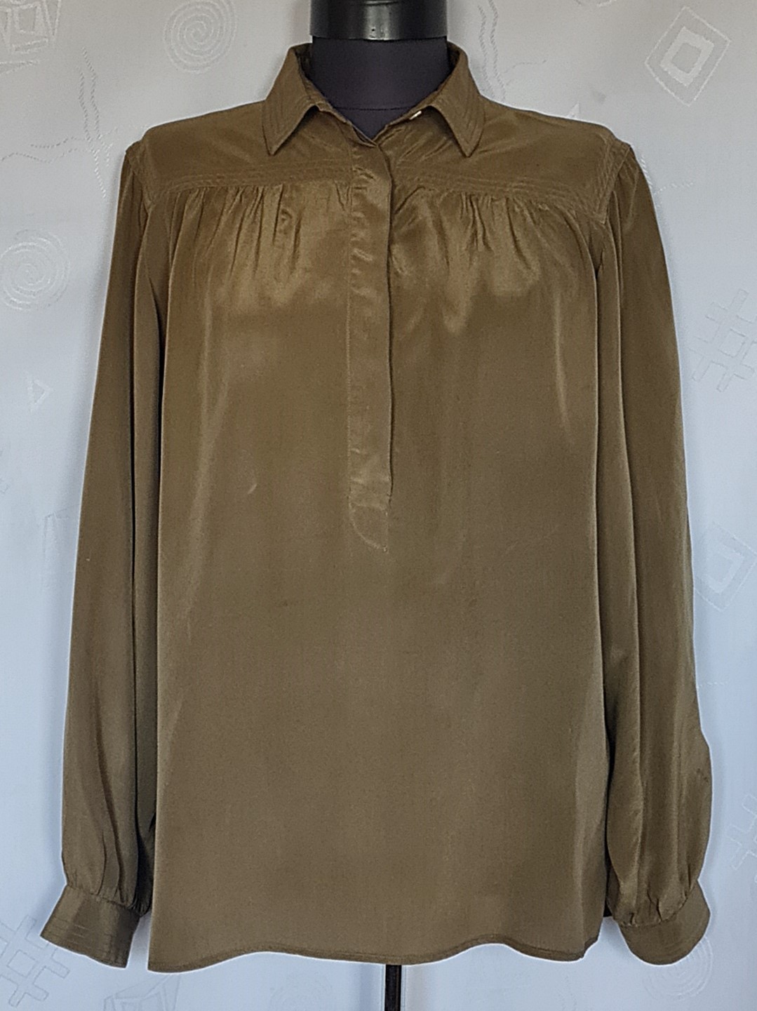 BLOUSE ITALY VINTAGE AUTHENTIC LES COPAINS KHAKI 100% SILK WOMENS US 12 EU 40