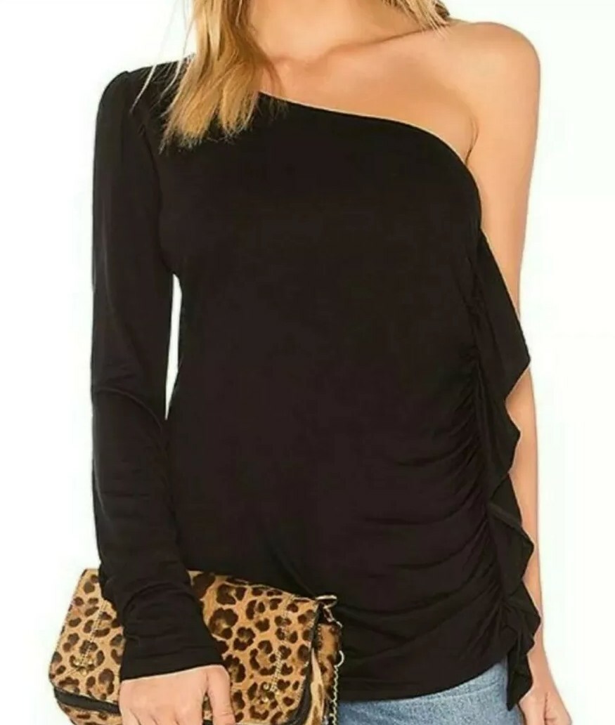 1. State NWT Size S Ruffle One-shoulder Top In Rich Black Staple Basic $59