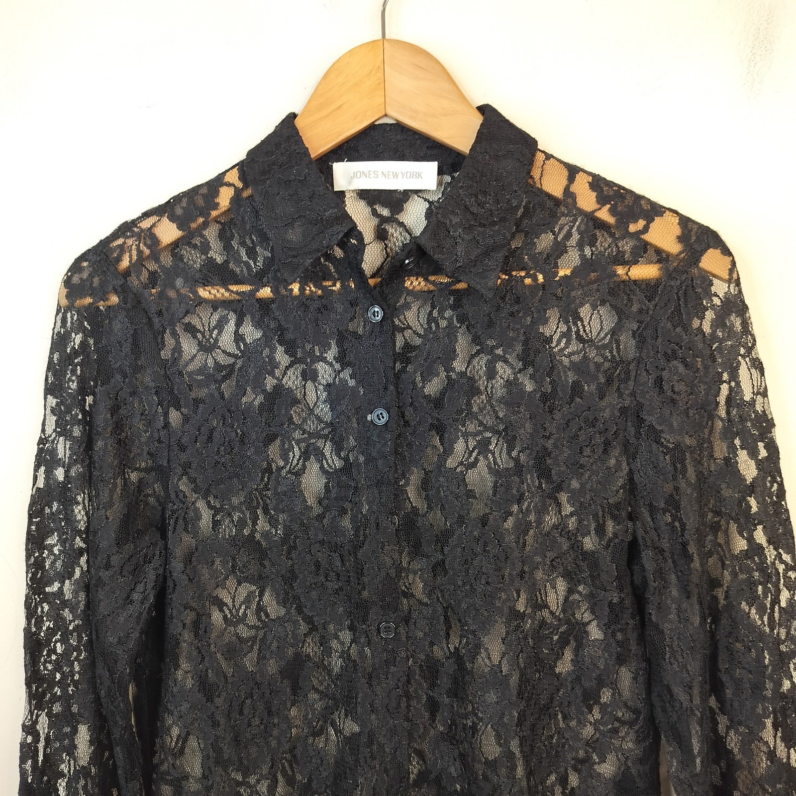 Jones New York Lace Button Down Shirt Womens Small Sheer Floral Goth Black
