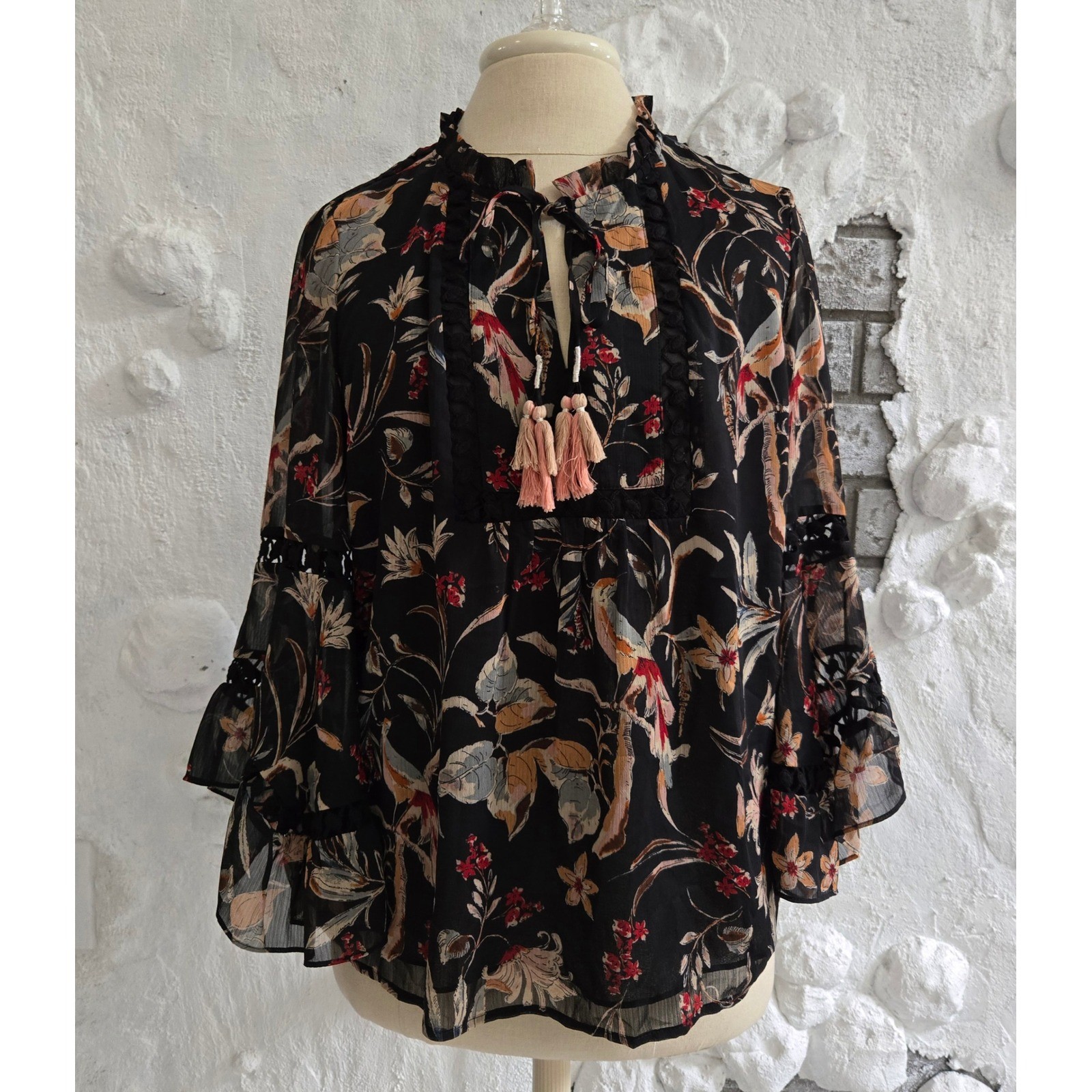 Maeve Anthropologie Floral Bird Print Tassel Tie Blouse Black Medium Boho Lace