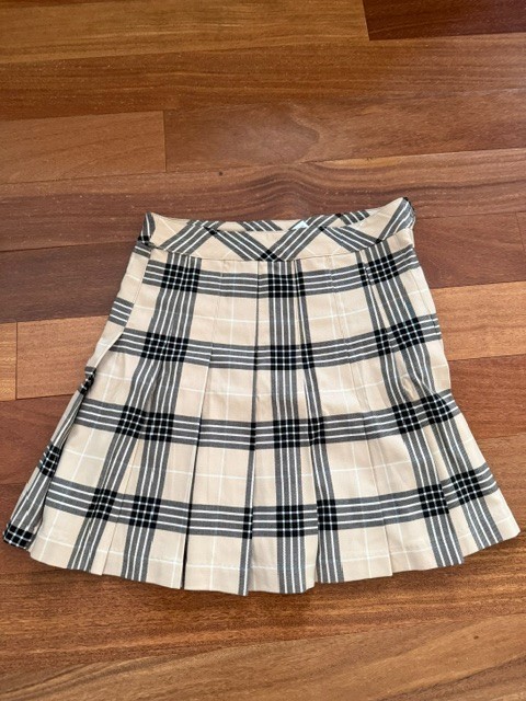 Women Beige Black Plaid Pleated Mini Skirt Side Zipper Preppy Schoolgirl Size 2